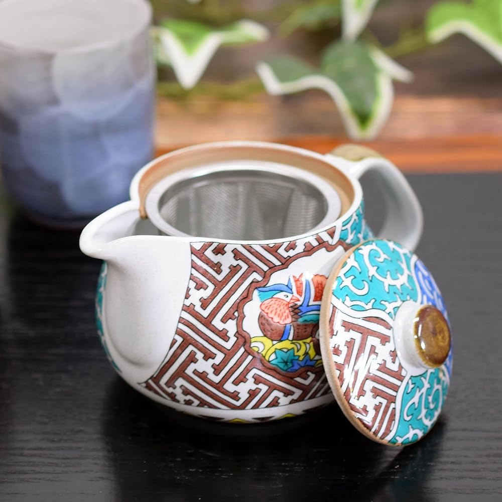 Teapot Stylish Tableware Kutani Ware Pot Old Kutani Kacho Pottery Brand Japanese Tableware Made in Japan Comes with Tea Strainer Net