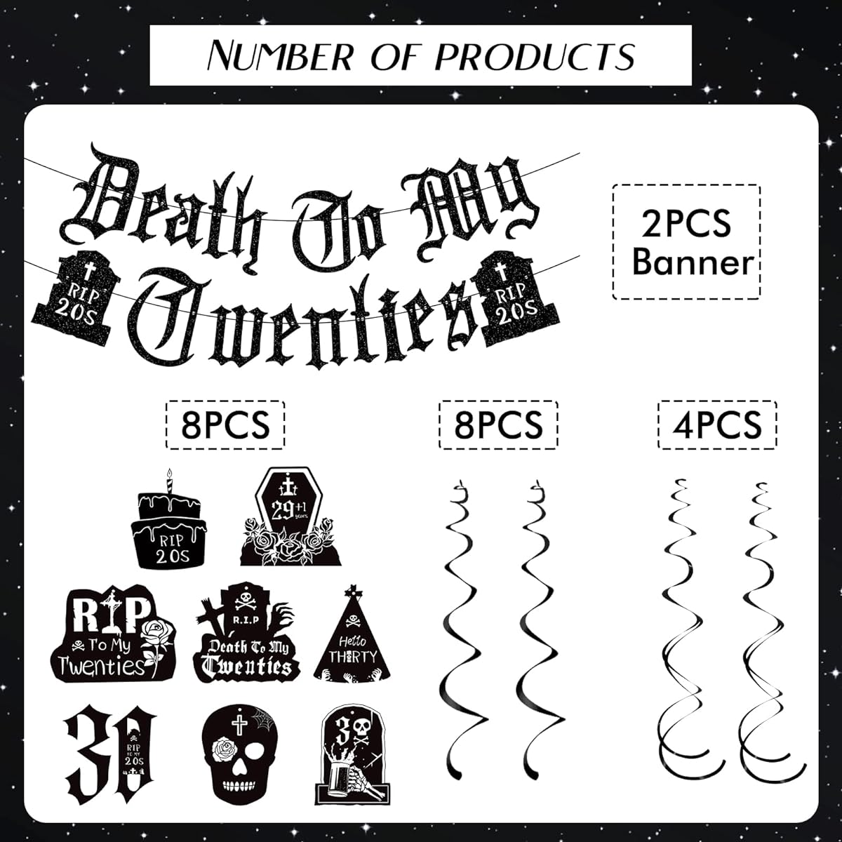 Refavor Death to My 20s Decorations - 14 Pieces Black 30th Birthday Party Decorations Banners Hanging Swirls 20s Birthday Decorations Party Ceiling Supplies Women Men Funeral Youth Party Decorations