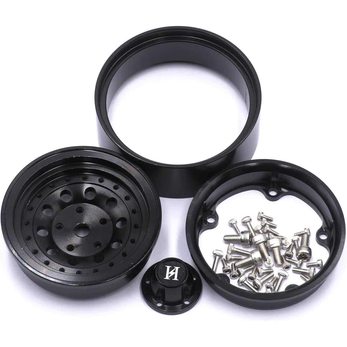 HOBBYSOUL 1.9 Beadlock Wheels 130g/Rim Aluminum 1.9 Beadlock Wheels Black 12mm Hex Rim Compatible with Axial SCX10 / Traxxas TRX-4 / Tamiay CC01 / Redcat Gen8 / RC4WD D90 D110 TF2 (Pack of 4)