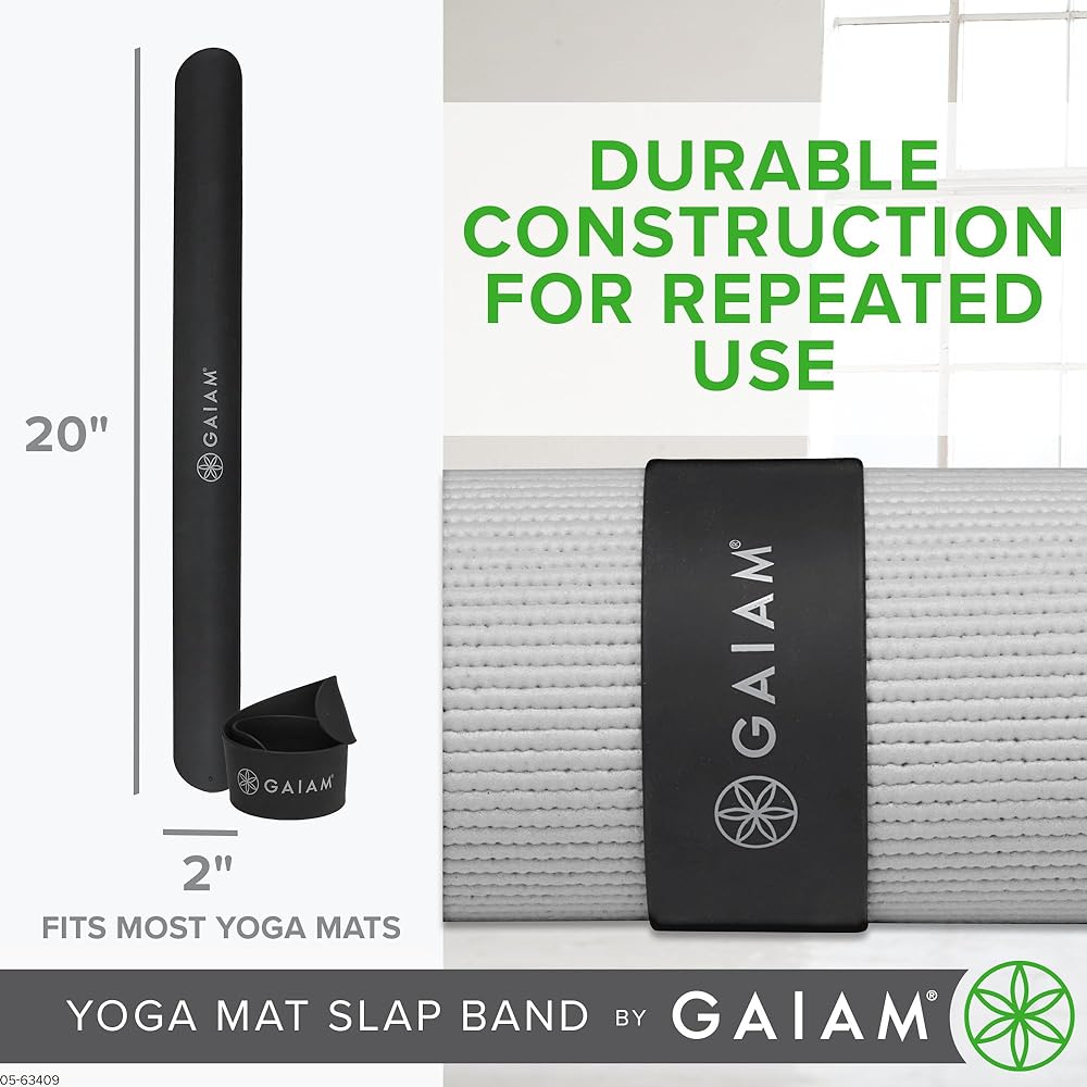 Gaiam Yoga Mat Strap Slap Band - Wrap your mat tightly and keep it safe. Fits most size mats (20" L x 1.5" W) Black