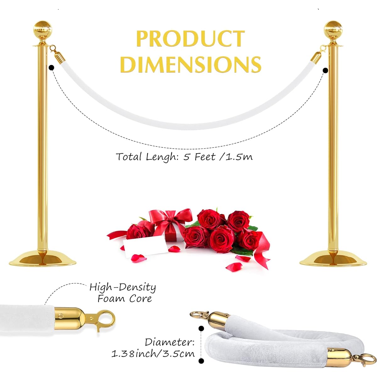 White Velvet Post Rope 4pcs 5ft Velvet Rope with Gold Clasp White Crowd Control Barrier for Party Red Carpet Wedding Cinema Hotel Grand Opening