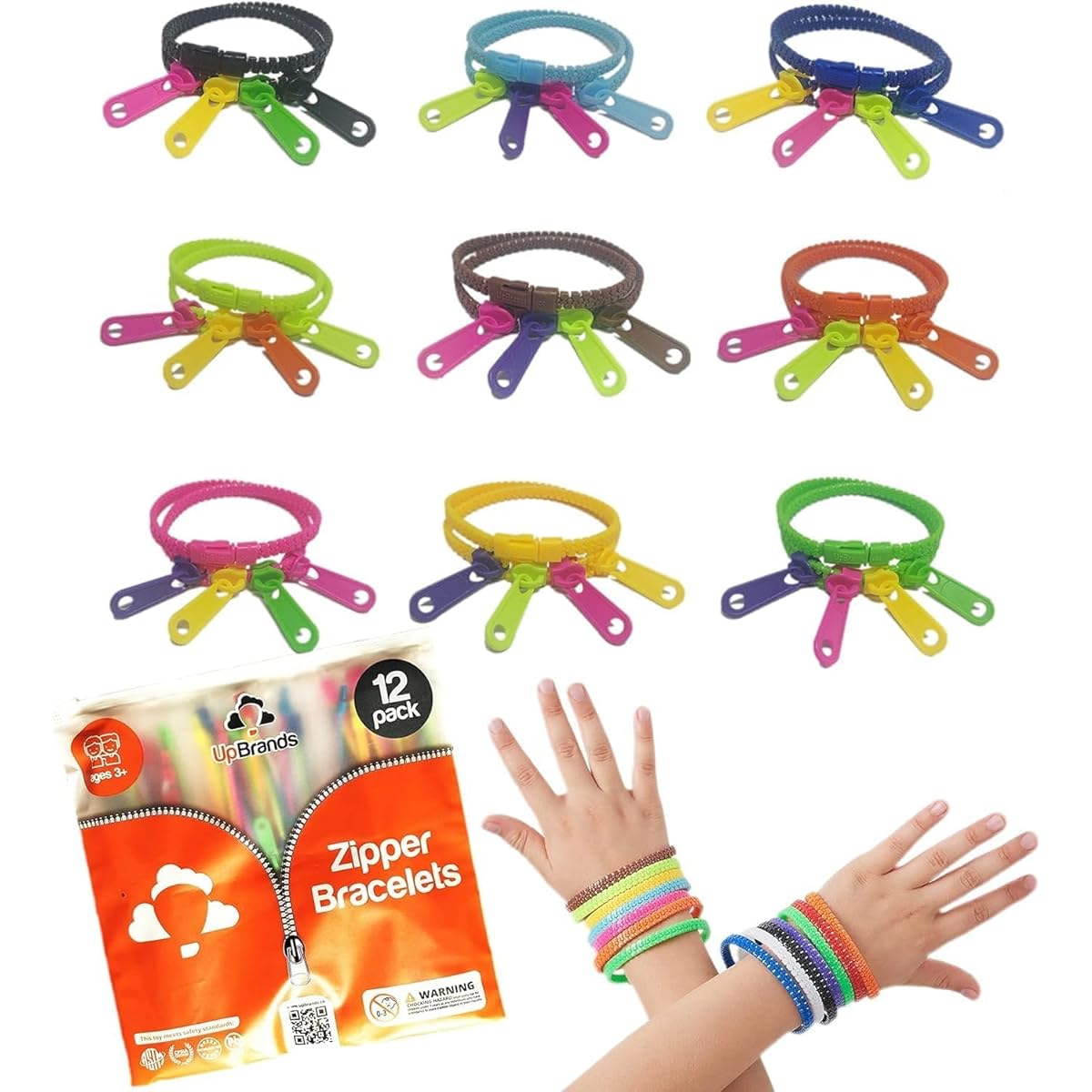 UpBrands Valentine's Day Double Tour Zipper Bracelets, Quiet Classroom Prizes, School Rewards, Party Favors for Kids, Goodie Bags, Easter Egg Basket Stuffers, 12 Pack, T-172-12-double
