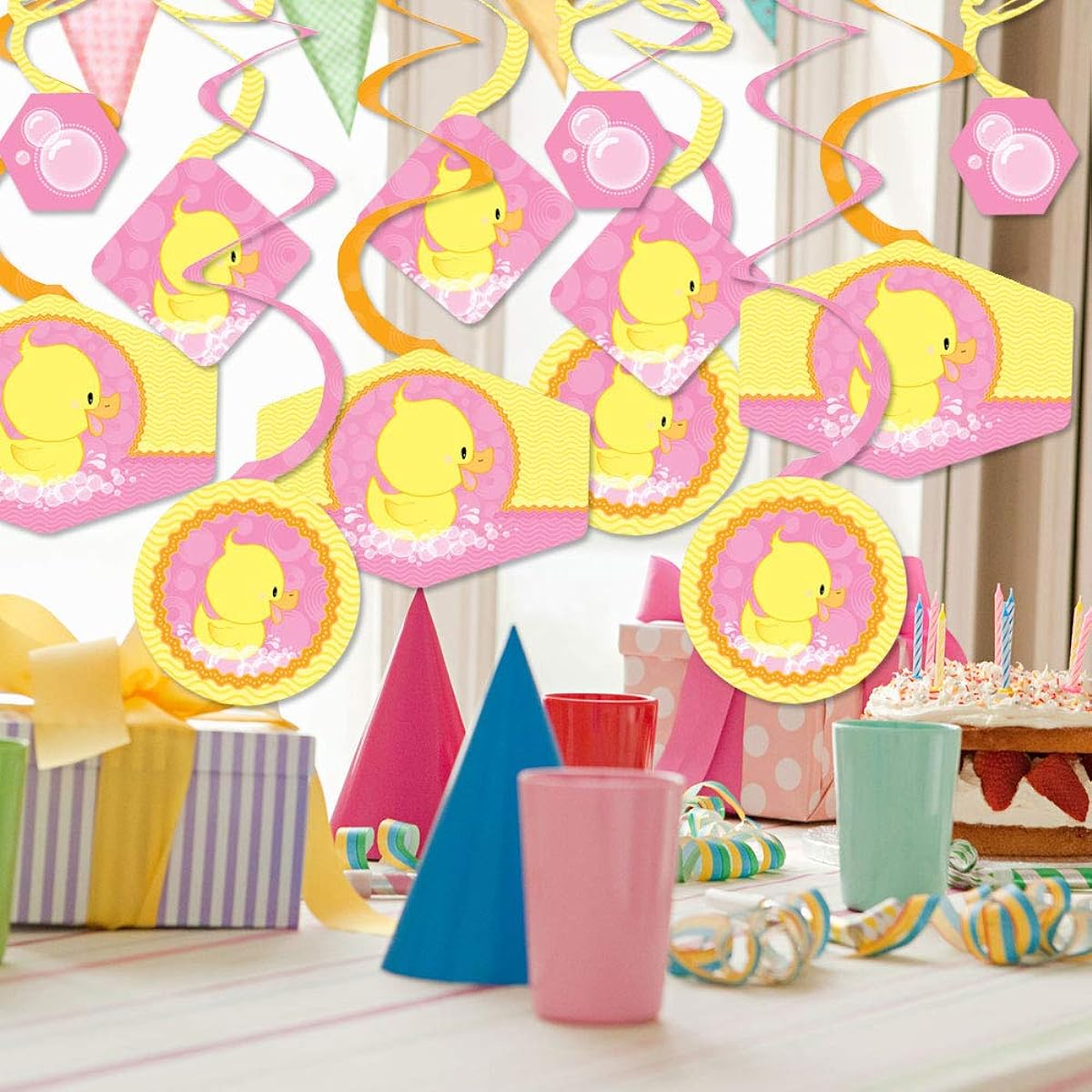 Big Dot of Happiness Pink Ducky Duck Baby Shower Birthday Party Hanging Decorations Party Decoration Swirls Set of 40