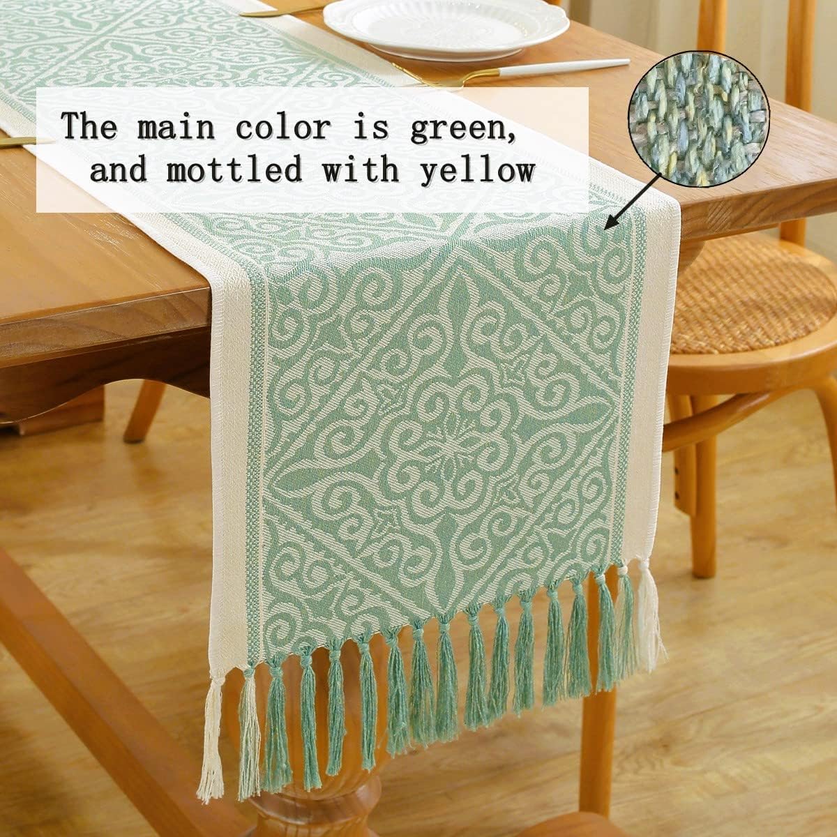 HomeyHo Floral Farmhouse Coffee Table Runner Living Room Wedding Party Dinner Table Runner with Fringe Rectangle Non-Slip Long Table Runner for Kitchen 13 x 90 Inch Yellow Glint Green
