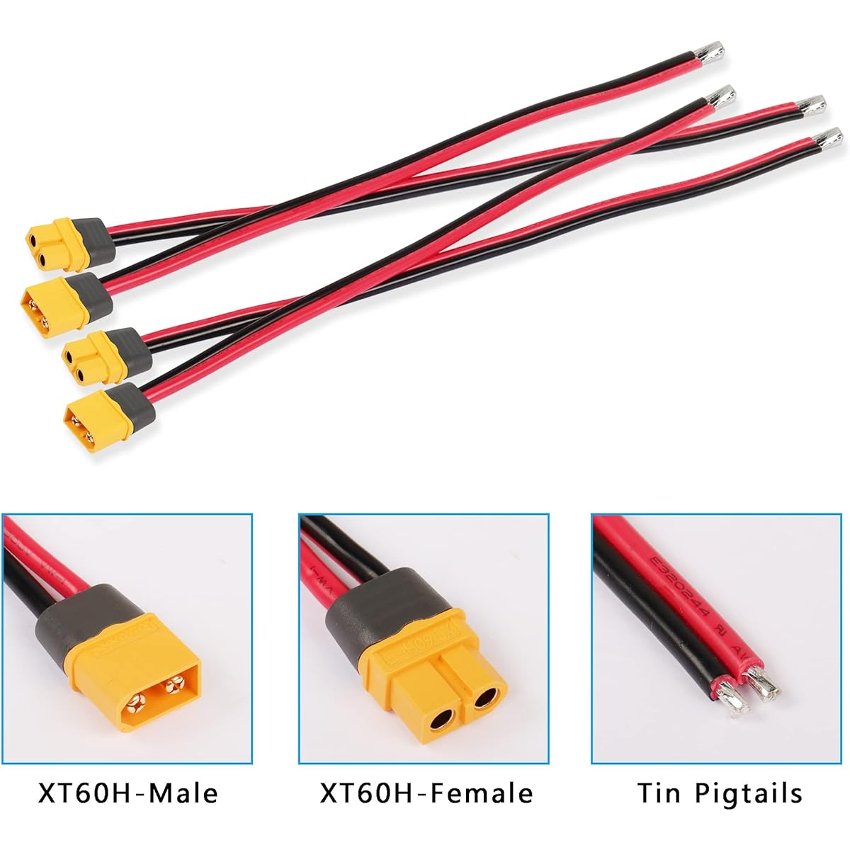 GINTOOYUN XT60H Plug Male Female Connector Pigtail Cable 2 Pairs 1FT 12AWG 4pcs XT60H-M XT60H-F Extension Cable for RC Lipo Battery FPV Drone 30cm