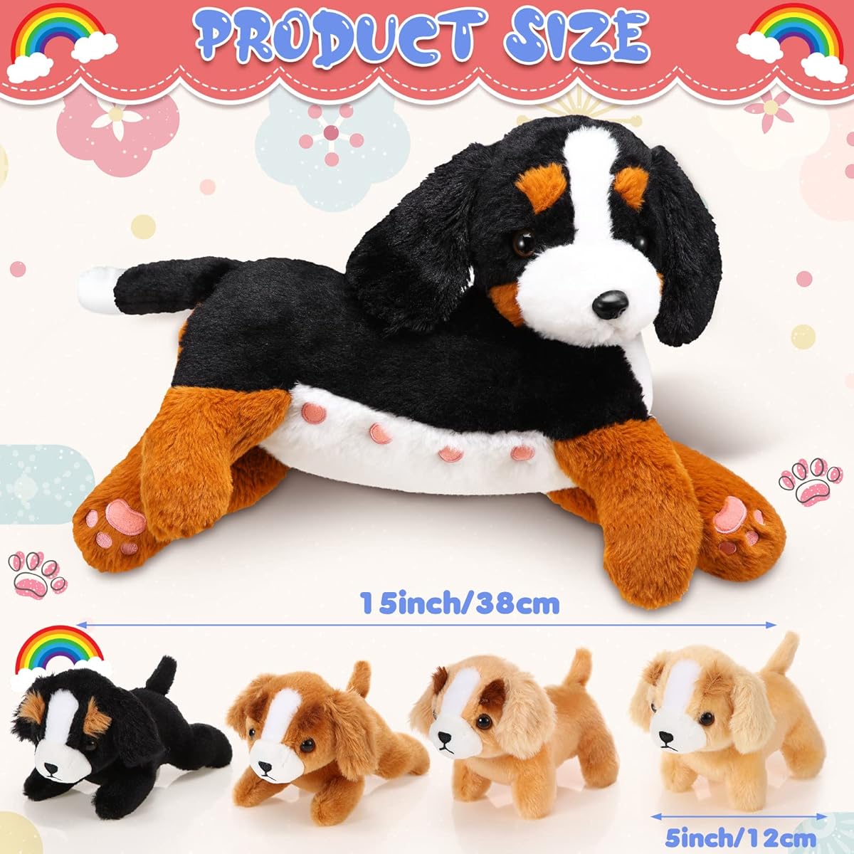 HyDren Nurturing Bernese Mountain Dog Plush Toy Set 15" Nursing Mommy Dog Stuffed Animals 4 Magnetic Baby Puppies for Kids Birthday Graduation Children's Day Gift Pet Party Favors