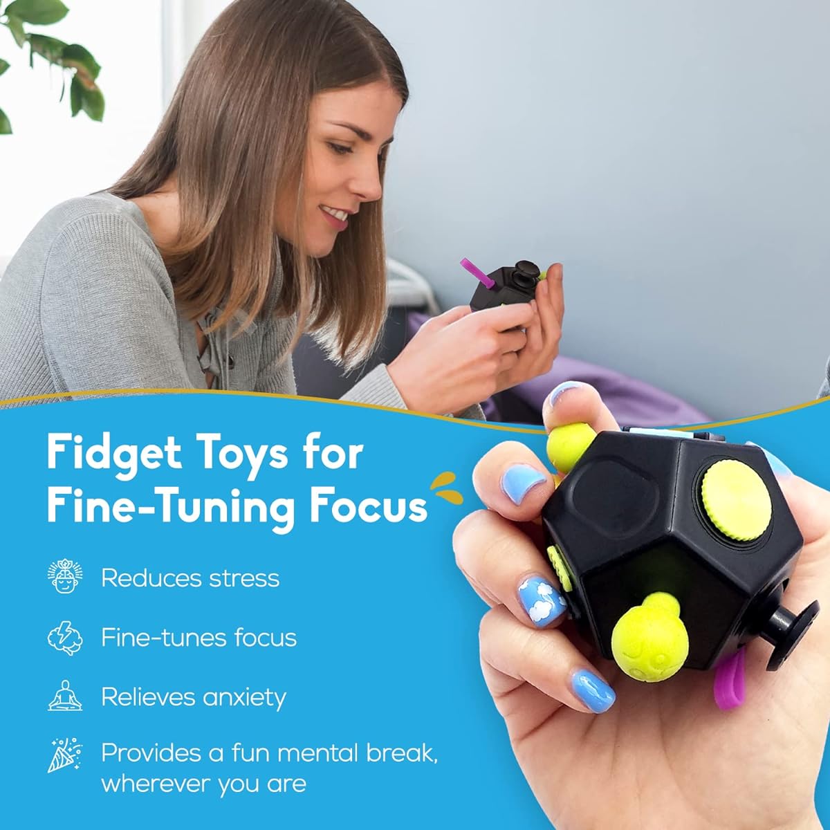 PILPOC theFube Fidget Cube Dodecagon 12 Sides - Fidget Cube Dice with Carry Case, Durable, Relieves Stress and Anxiety for ADD/ADHD/OCD (Black)