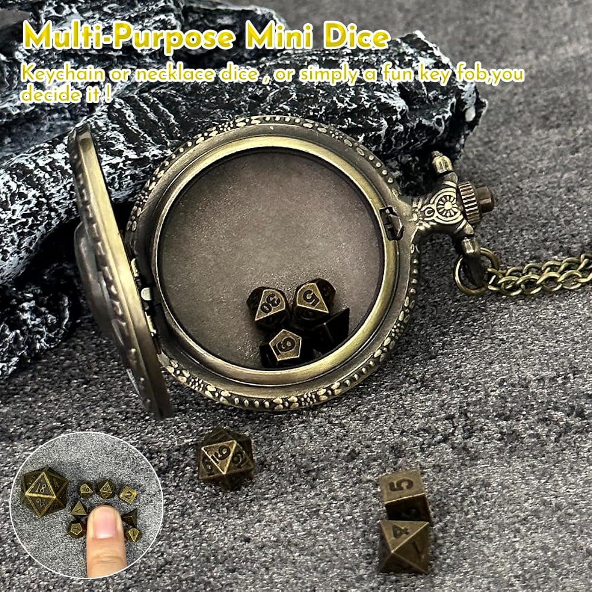 Uomrud Mini Dice Set Metal Dice Pocket Watch Shell Case Necklace Dice Bag Antique Small Metal DND Dice Set Dungeons and Dragons Gift D&D D Dice WX-01