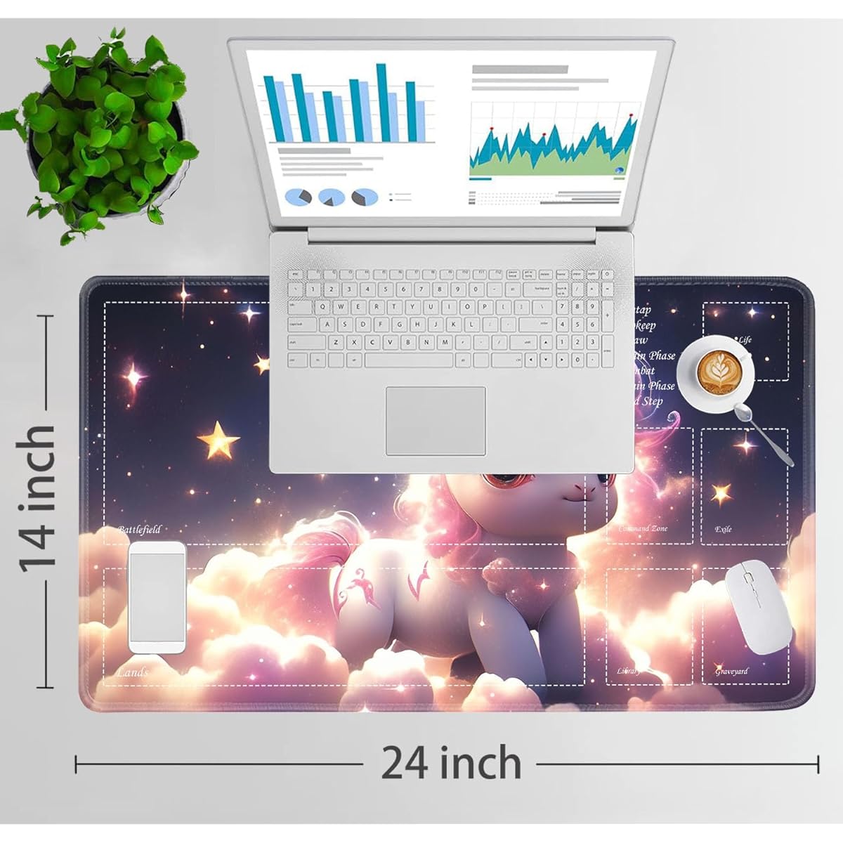 TCG Playmat, Magic the Gathering Ultra Pro Playmat with Zones, 24x14 Inch Non-Slip Rubber MTG Playmat with Drawstring Travel Pouch and 6 Dice, Girly Colt in the Clouds MTG Mat, Card Game Playmat