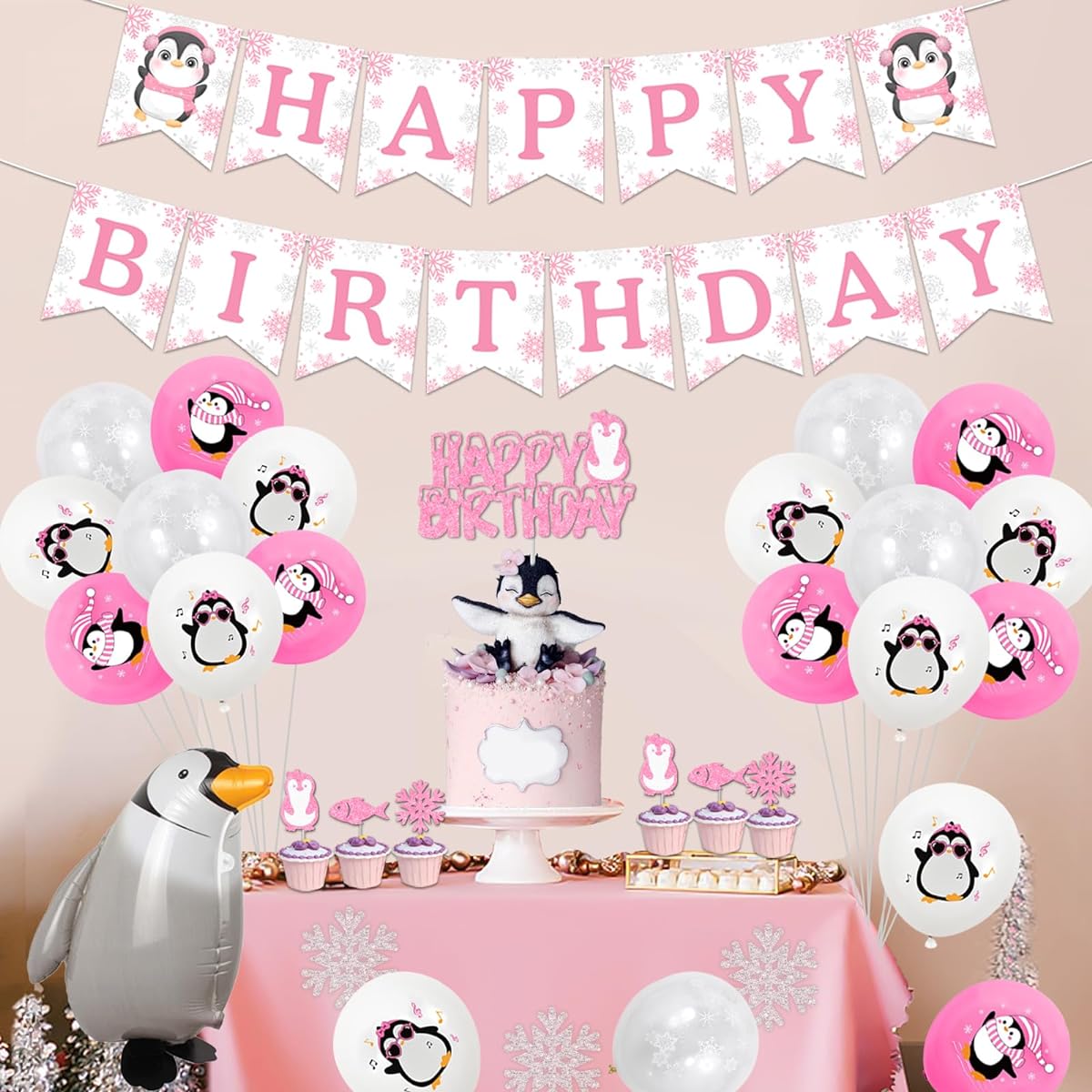 kreat4joy Penguin Birthday Party Decorations for Girls Pink Balloons Happy Birthday Banner Cupcake Toppers Penguin Foil Balloons for Kids Winter Animal Birthday Party