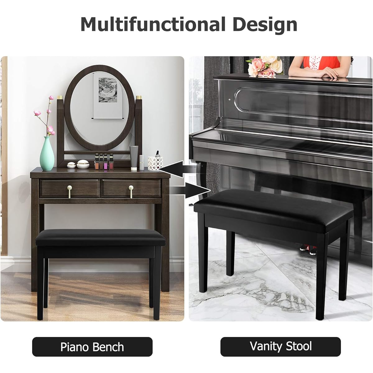 Giantex Piano Bench with Padded Cushion Music Storage Comfortable Double Duet Seat Wooden Legs Perfect for Professional or Home Use PU Leather Piano Stool (Black)