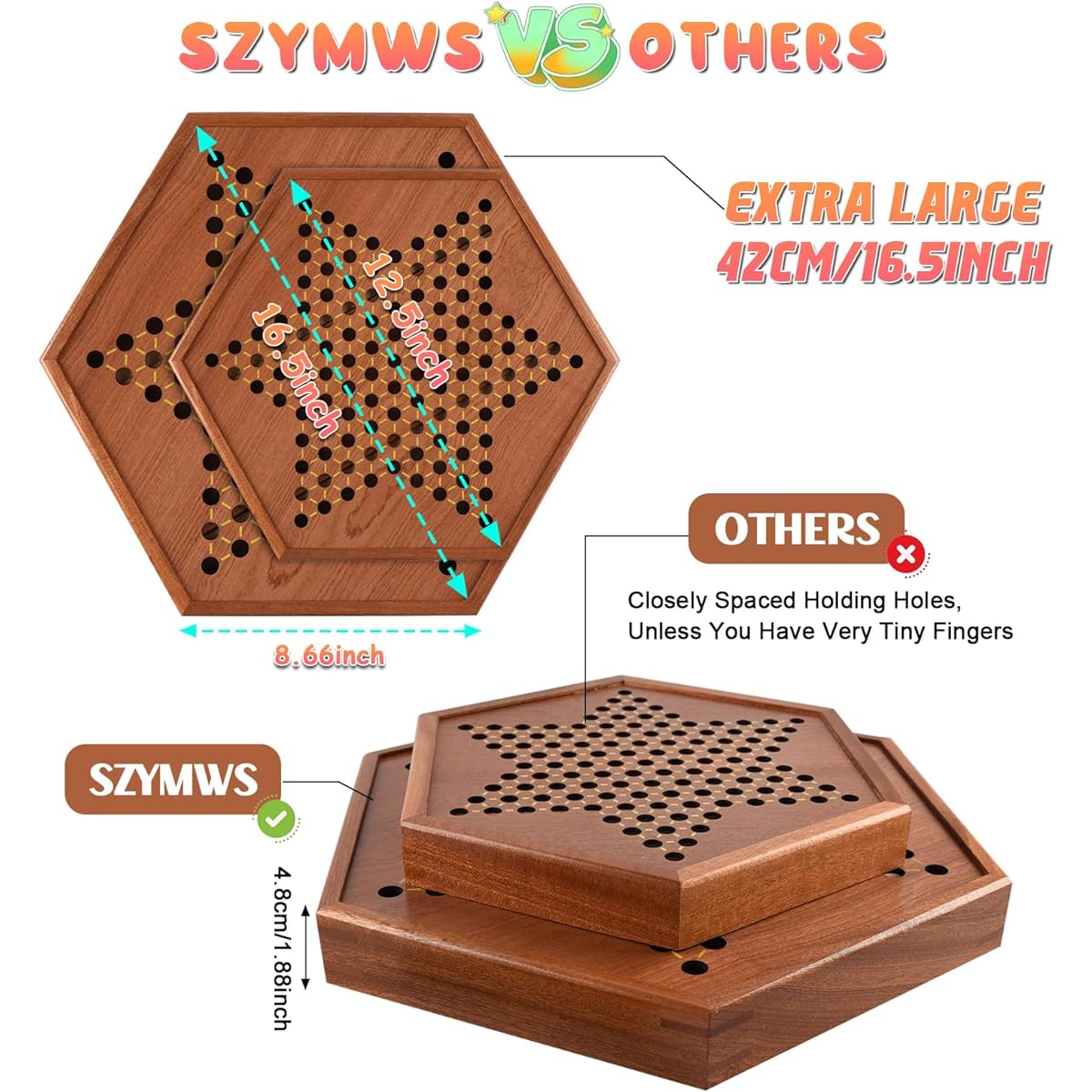16.5" Large Wooden Chinese Checkers Halma Board Game with Drawer and 60 Acrylic Marbles for Kids and Adults, Perfect for up to 6 Players, Classic Strategy Game