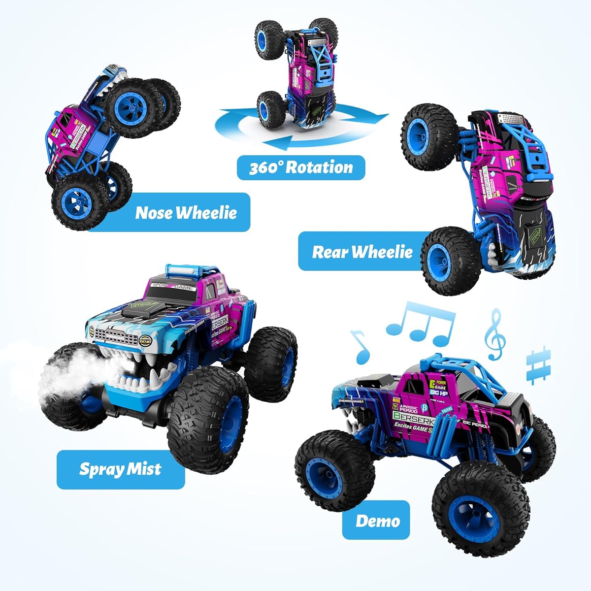 Powerextra 1:12 Remote Control Truck Balance Technology Front & Rear Wheelie Driving 4WD Hobby Electric Off-Road Monster Truck with LED Light Spary Mist All Terrian Stunt Car Boys Girls