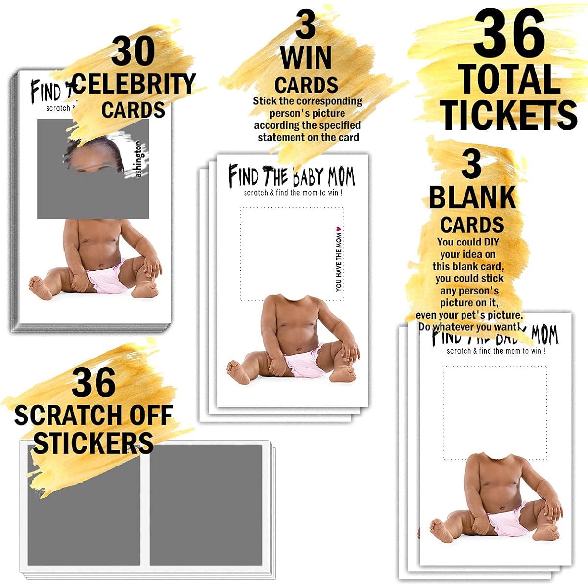 Baby Shower Game - "Find the Baby Dad" Scratch-off Celebrity Cards, Baby Shower Party Game Supplies - 36 Cards (MA02-heiR)