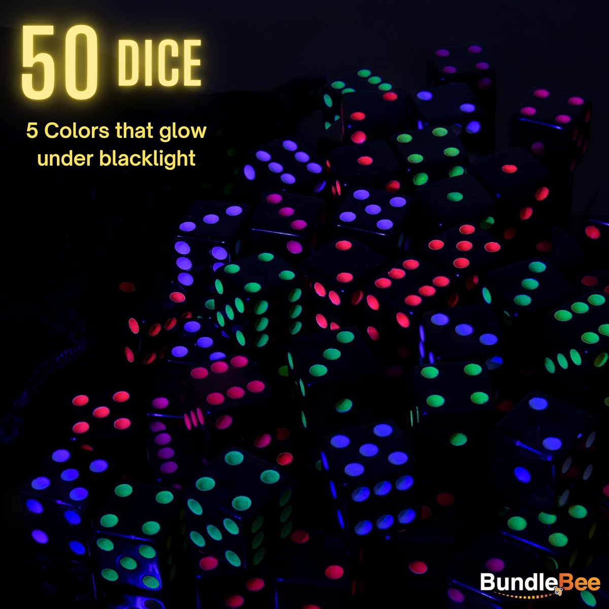 Neon Blackout Dice - 50 Dice Set - 5 Colors - Drawstring Storage Bag - 16mm 6-sided Square Dice Board Game Family Game Night Kids STEM Math Teaching Material