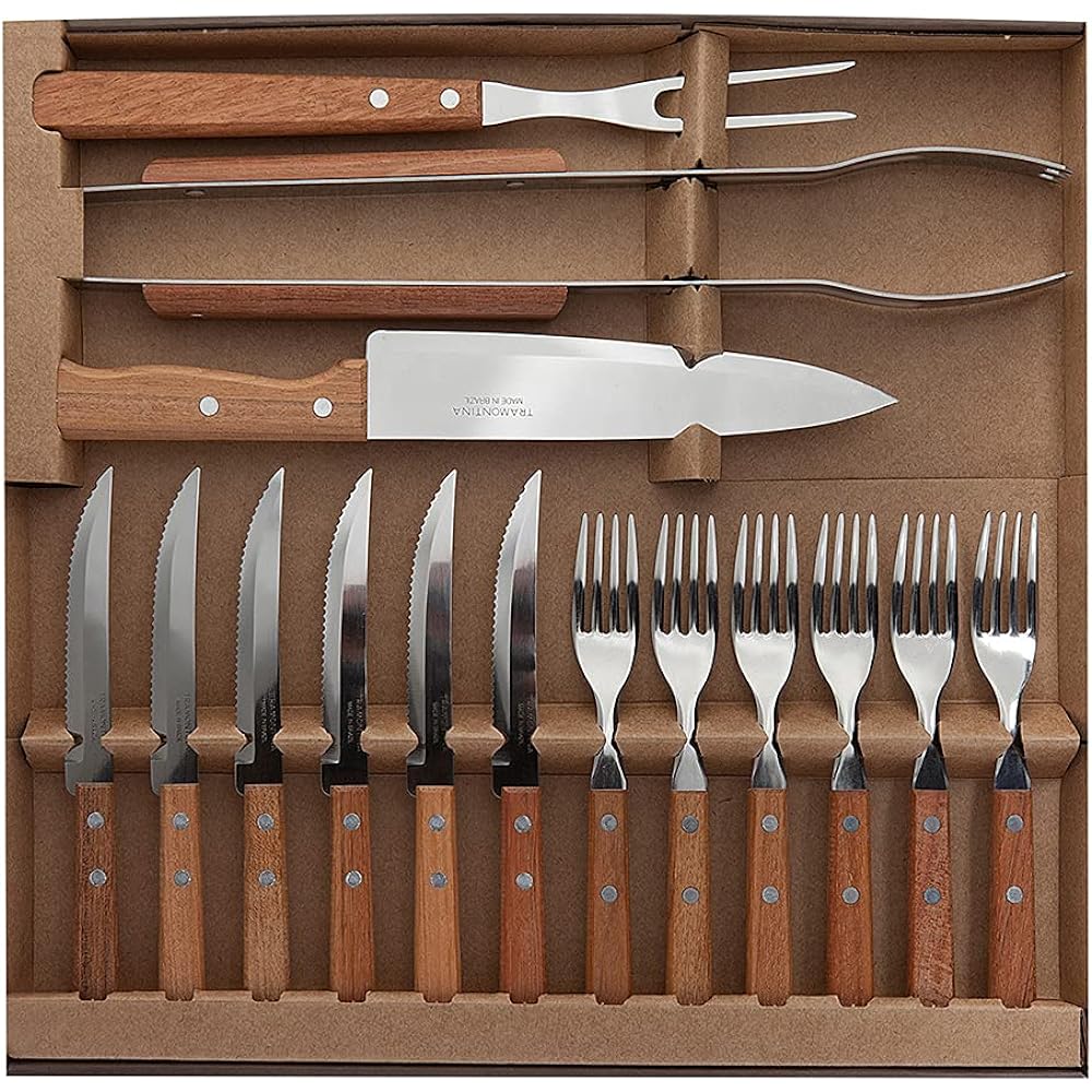 Tramontina Dynamic Natural Wooden Barbecue Kitchen Tools 15 Piece Set Churrasco Tools Durable Stainless Steel Specifications Large Size Natural Wood Respect for the Aged Day Housewarming Gift Made in Brazil 22399/028 TRAMONTINA