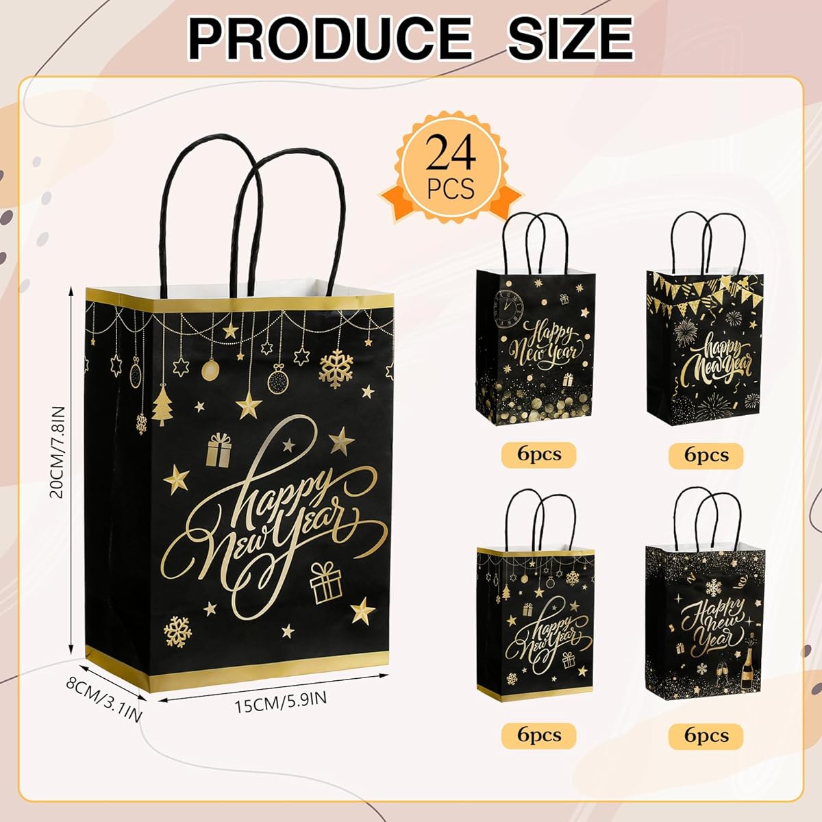 Geyoga 24pcs Happy New Year Party Favors Gift Bags with Handles New Year's Eve Party Paper Bags 5.9 x 3.1 x 8.2 Inch for New Year's Eve Party Festival Holiday Party Decorations