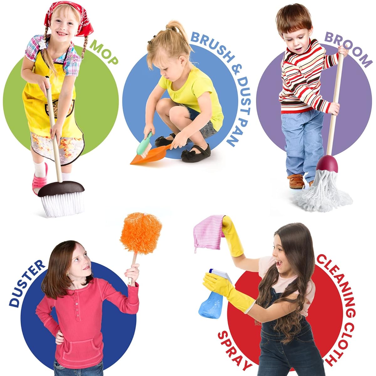 15 Piece Cleaning Set for Kids, Play Cleaning Toy Set with Broom, Mop and Brush for Toddlers, Kid Sized Pretend Play Cleaning Set, Household Goods, Learning Toys, Birthday Gift