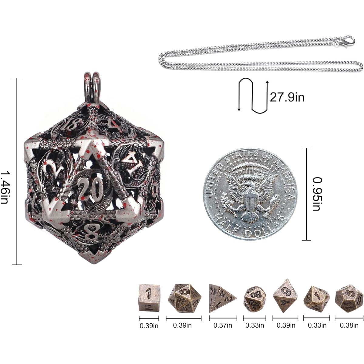 SUDESMO Mini DND Dice Set, DND Dice D20 Keychain D&D Dice Necklace Small Metal Dice Bag Case Portable 7 Dice Set Dungeons and Dragons Accessories DND Gifts Silver Blood