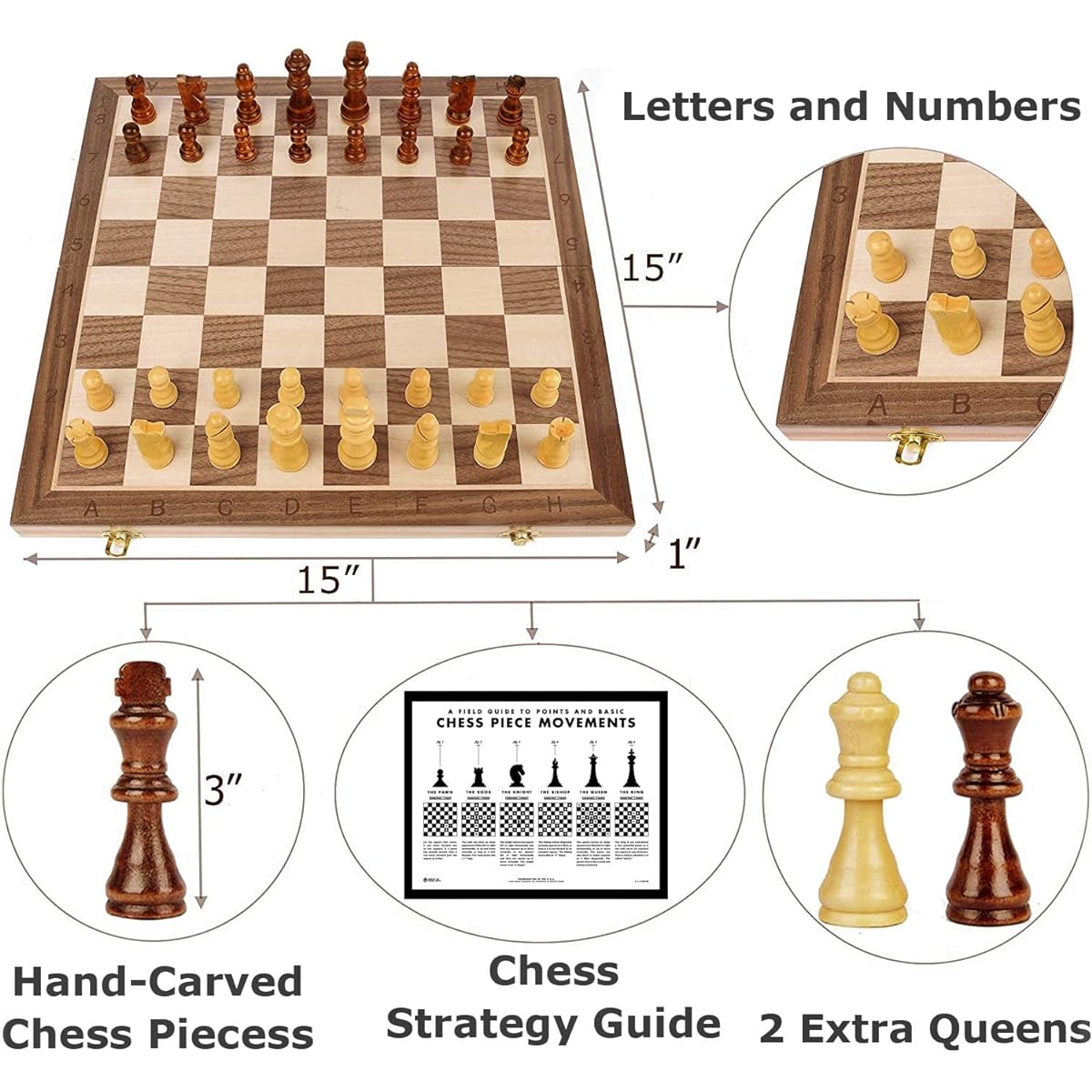 GiftedKids Magnetic Travel Chess Set | Wooden Chess 15" x 15" Board Game Chess Set for Adults | Folding Chess Set Game Board with Magnetic Crafted Chess Pieces