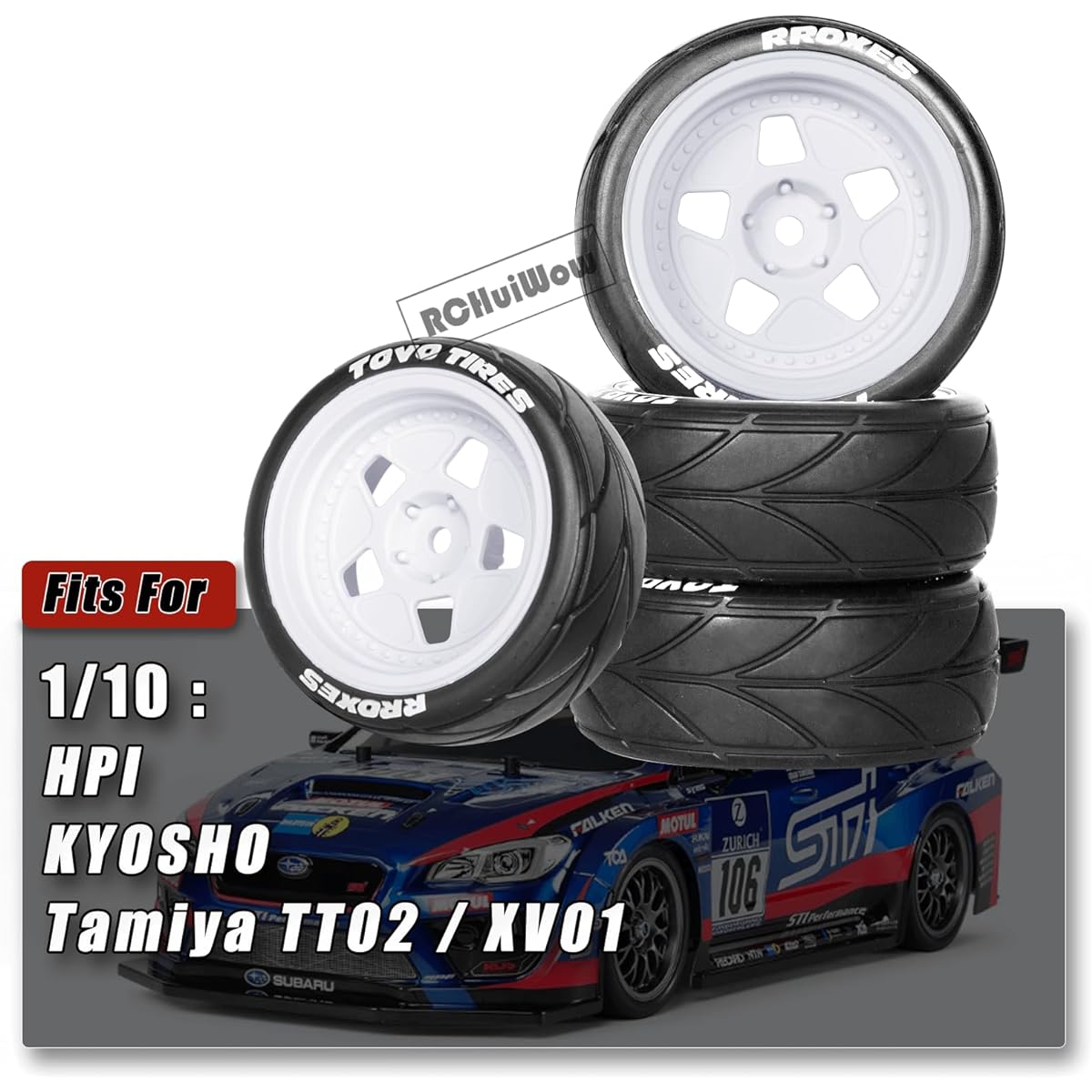 RCHuiWow Drift Wheels & Wheel Tires RC Tires for Tamiya 1/10 TT02 XV01 RC Car HPI, KYOSHO, Drift Wheel Hub Tires Rubber Tire Set 4 Pieces White