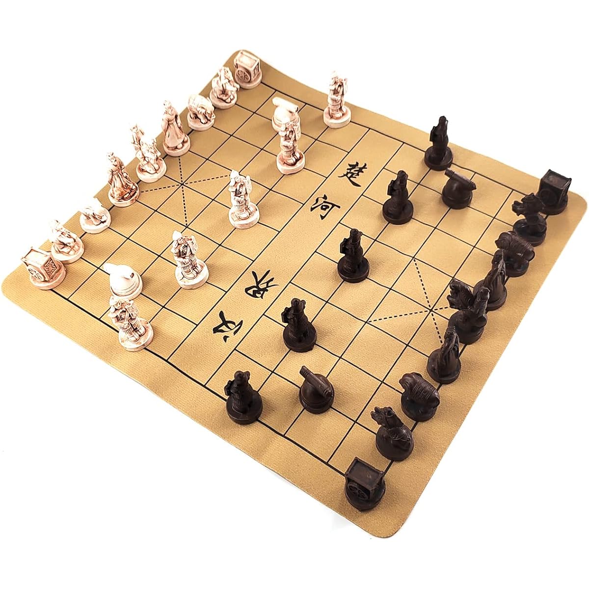 Traditional Chinese Xiangqi Portable Chess Set Travel Board Game Set with Resin Chess Pieces and Leather Chess Board