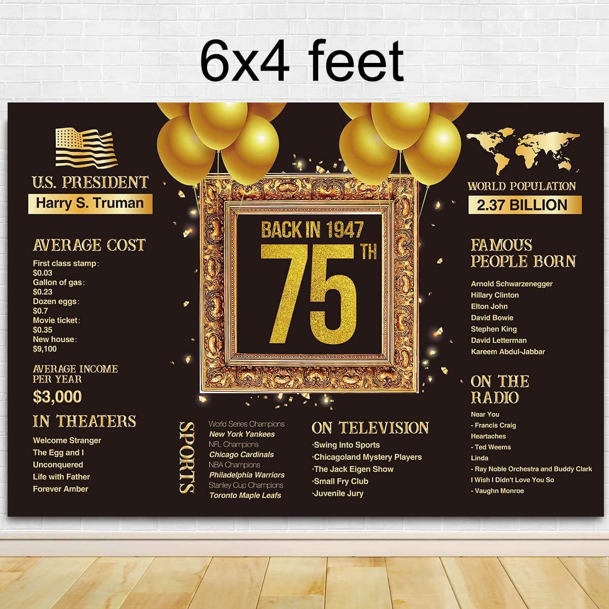 Happy 75th Birthday Party Backdrop Banner, 75 Years Old Photo Background, 1947 Birthday Banner, 75th Birthday Decorations for Women Men, Black and Gold Anniversary Party Supplies