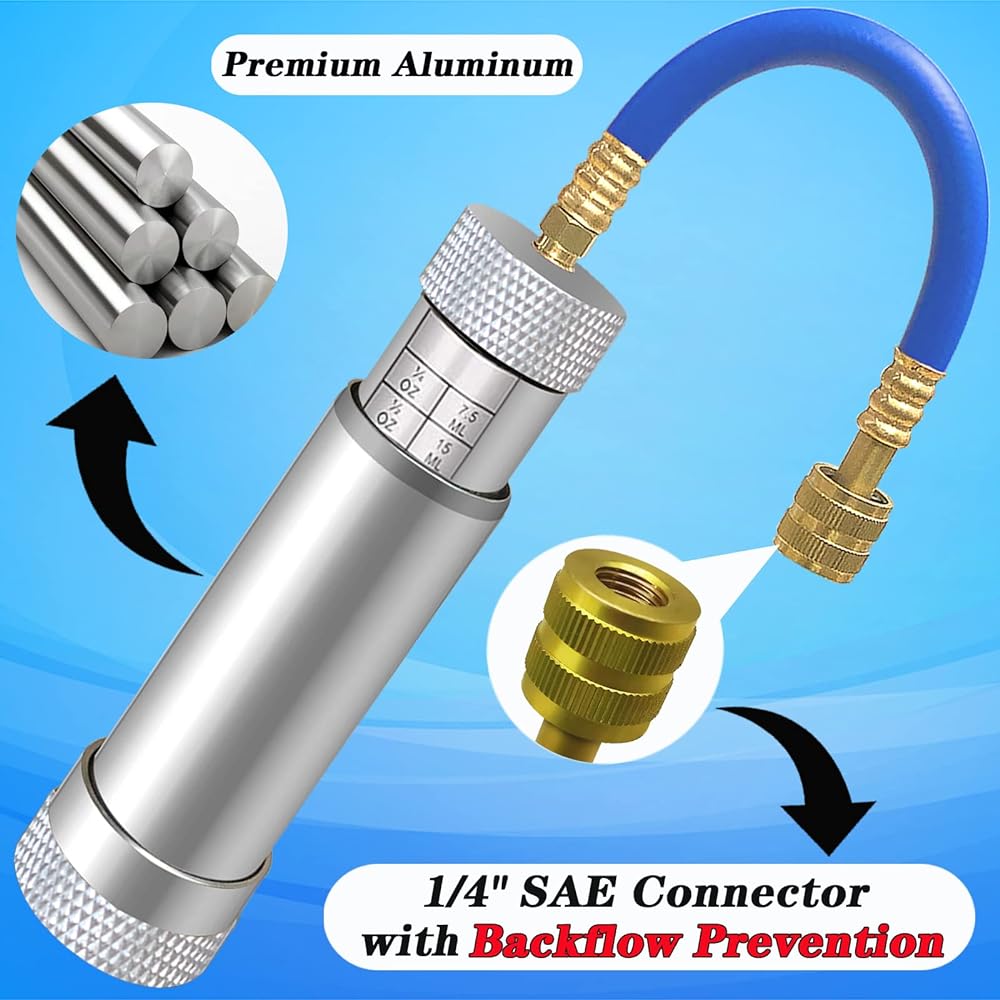 R1234YF/R134A AC Oil Injector Kit -HVAC Dye Oil Injector Kit R1234YF&R134A AC Oil Injector with Low Side Quick Coupler with 1/4" SAE Connector for R1234YF R134A System (Silver for r1234yf / r134a)