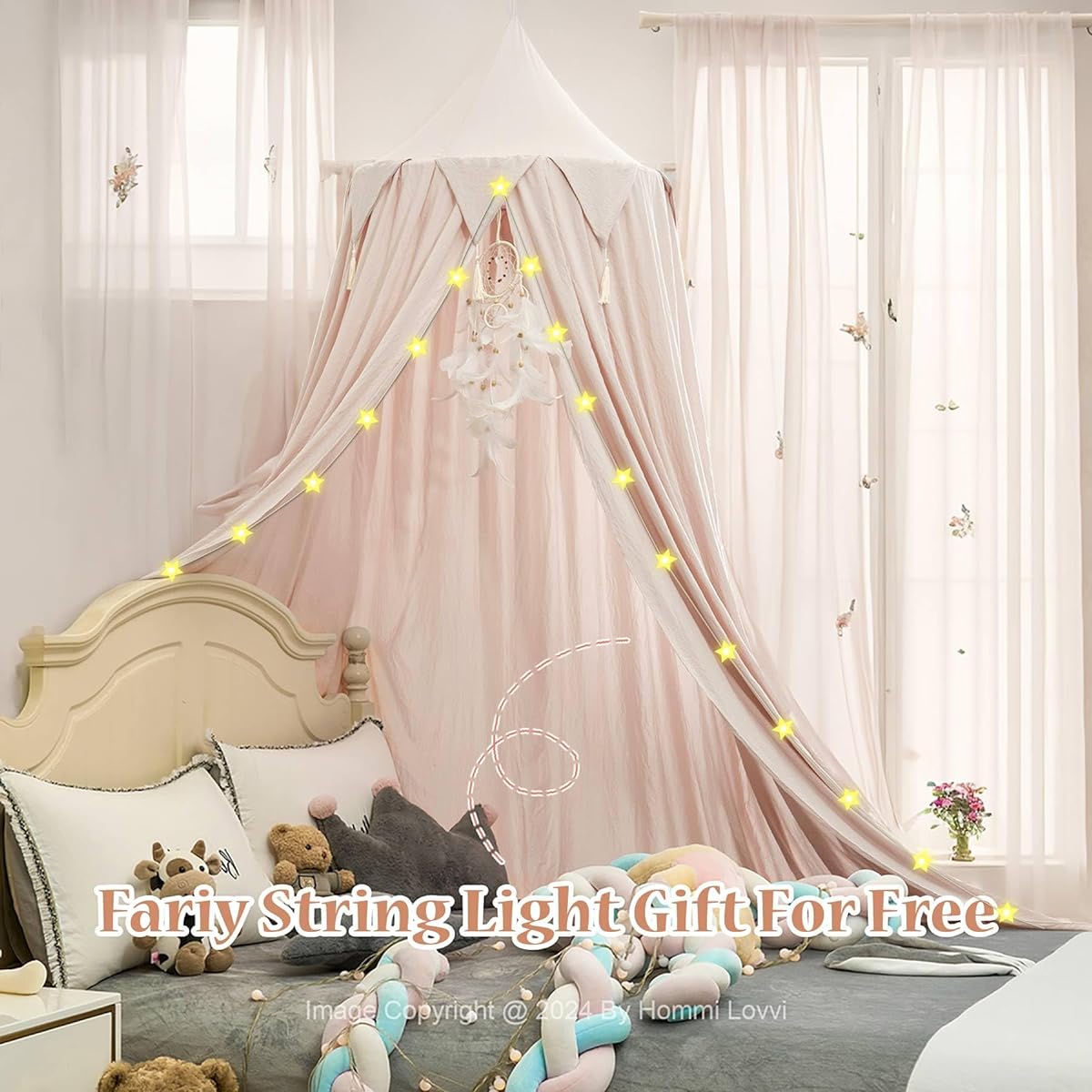 Hommi Lovvi Princess Bed Canopy for Kids, Tassel Girls Bed Canopy, Dreamy Decor, Toddler Crib Canopy, Extra Large Girls Boys Play Tent, Reading Nook Canopy with String Lights, Light Pink
