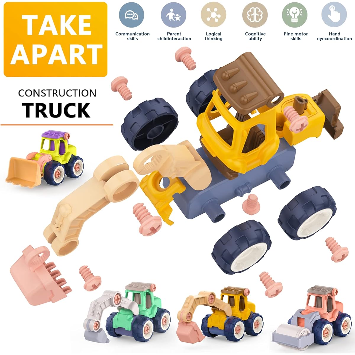 Vcent Toy 8 Pack STEM Construction Sand Toys for Toddlers 3-5 Years Old, Boys Ages 3+, Excavator Beach Toys, Construction Vehicles, Easter Stuffers, Birthday Gifts