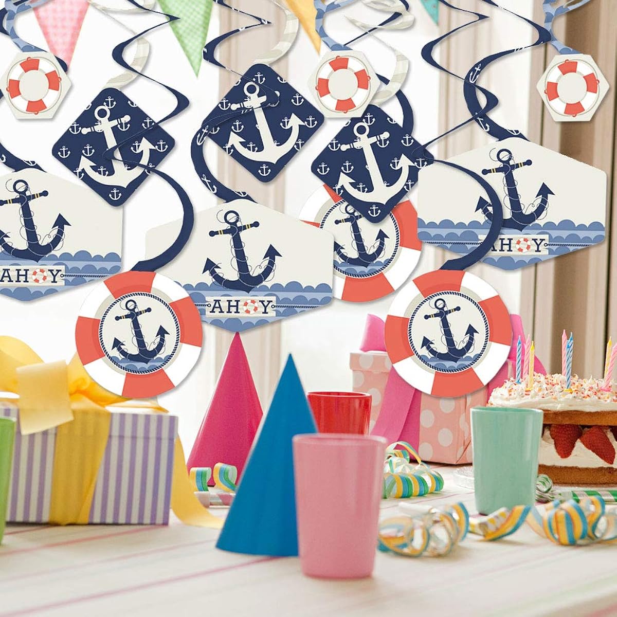 Ahoy - Marine - Baby Shower Birthday Party Hanging Decorations - Party Decorations Swirls - Set of 40