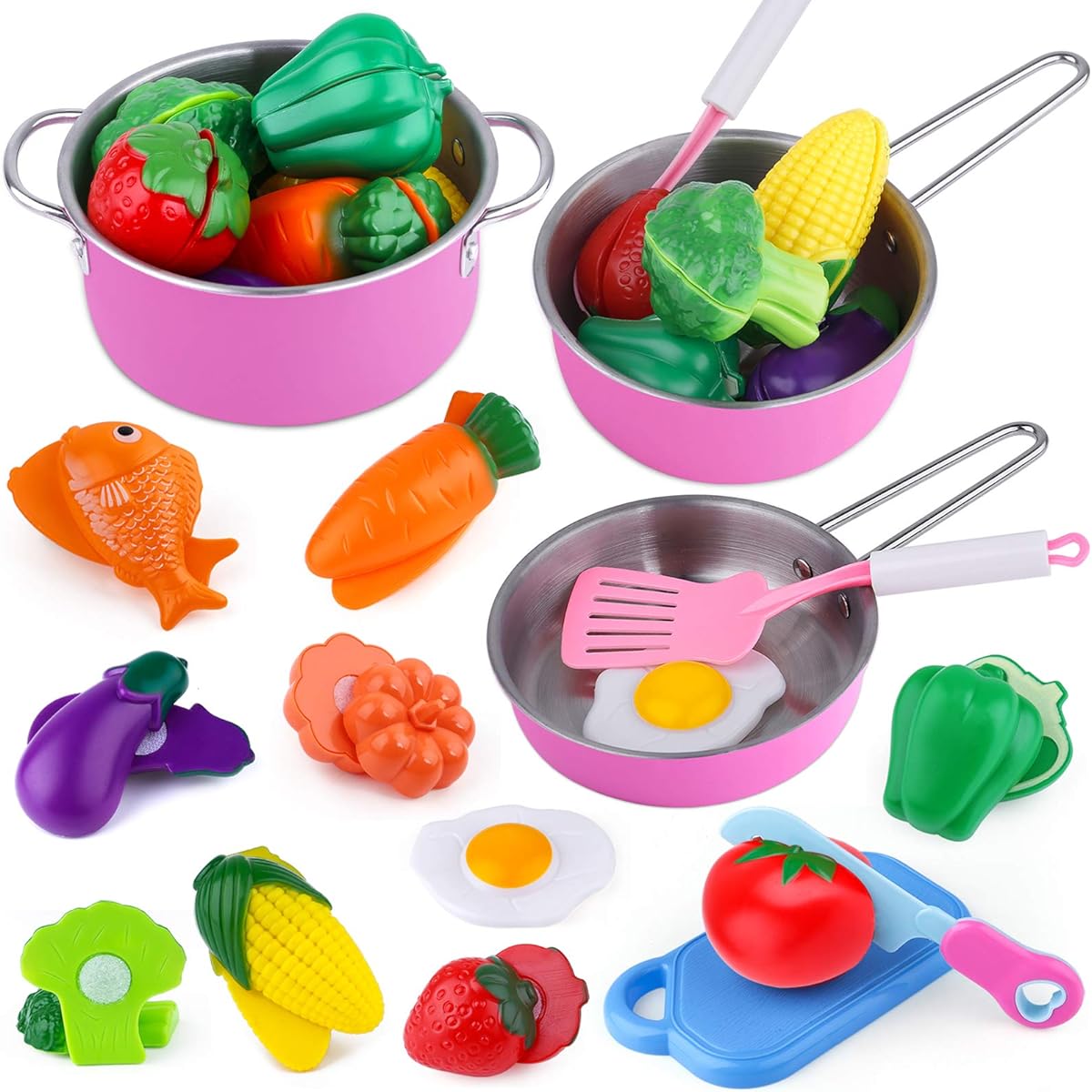 INNOCHEER Kids Play Food Kitchen Cooking Play Set, 26 Pieces Kids Kitchen Playset Accessories Chef Hat Apron Dress Up Toddler Cooking Chef Costume Set for Ages 3 4 5 6 Girls Boys