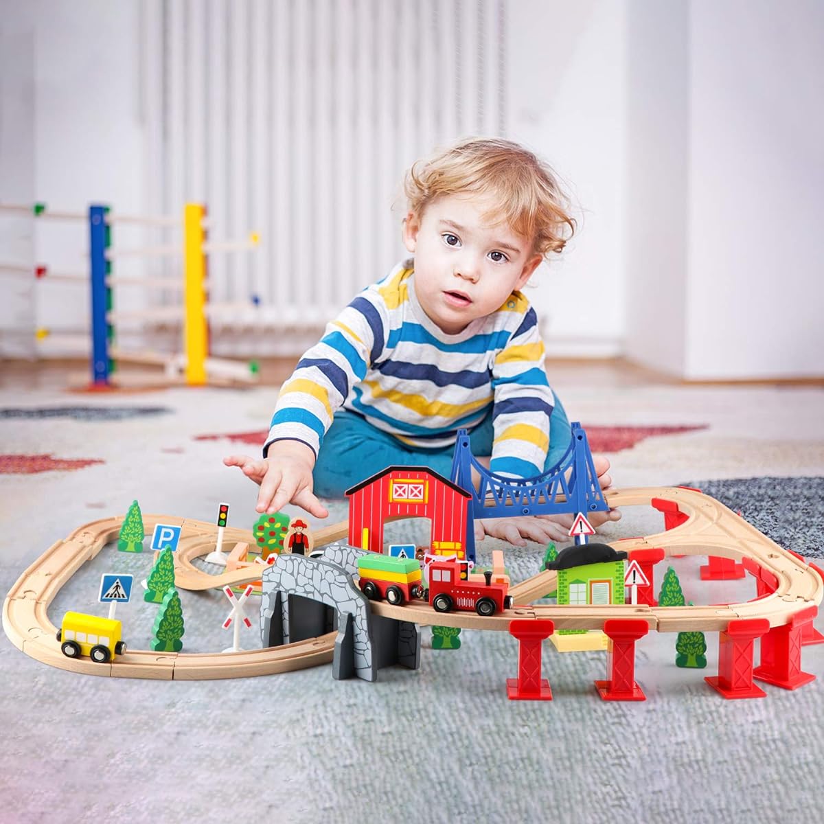 Garlictoys 82 Piece Wooden Train Track Set, Wooden Train Set, Train Toys for Kids Toddlers Boys Girls Ages 3 4 to 5+ Expandable Train Toys Railway Set All Ribbon Train Track Set