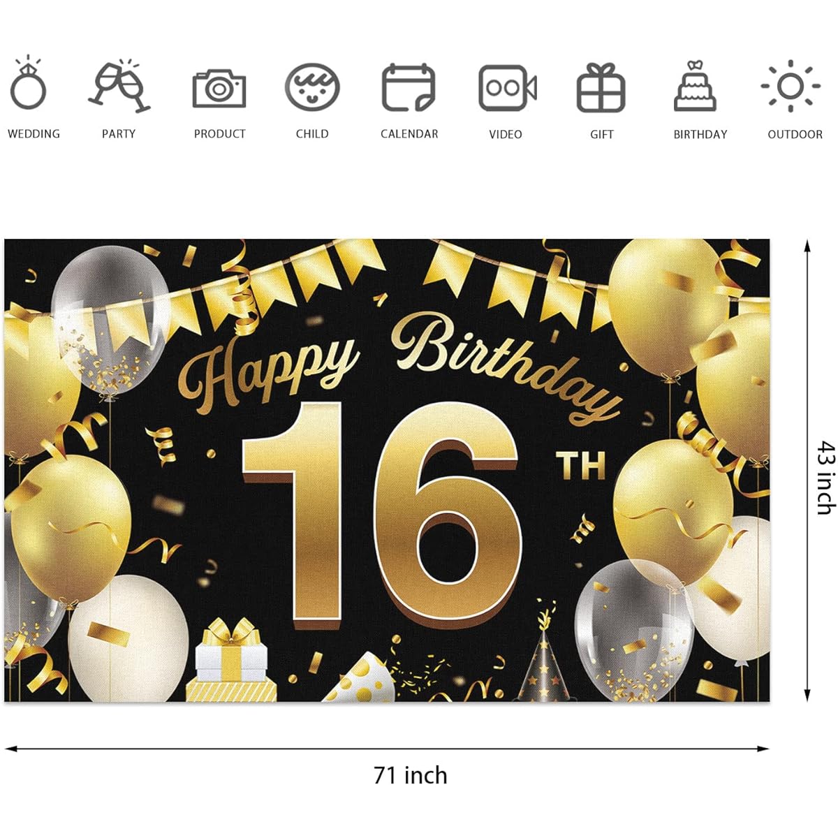 Happy 16th Birthday Banner Background Sign Extra Large Gold Black Birthday Party Supplies Decoration Indoor/Outdoor Backdrop/Photo Booth Props 71x43 Inch