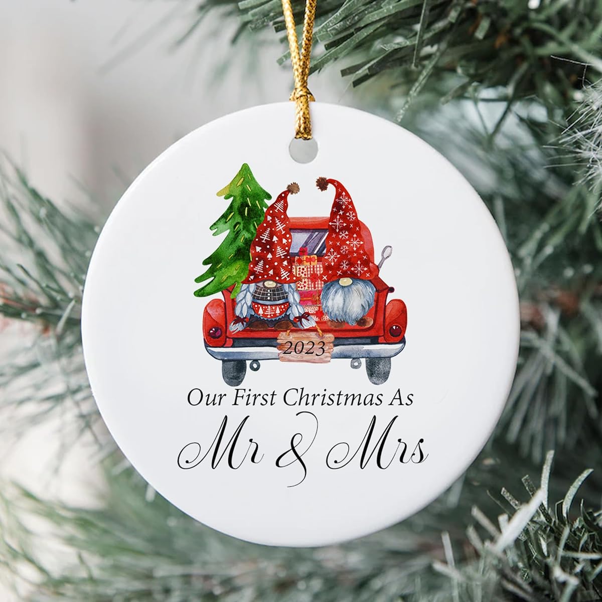 VOTANTA First Christmas Married Ornament 2023 First Christmas as Mr & Mrs Ceramic Ornament Married Couple Gift Wedding Engagement Newlywed Keepsake Wedding Anniversary Hanging Ornament - 3 Inch