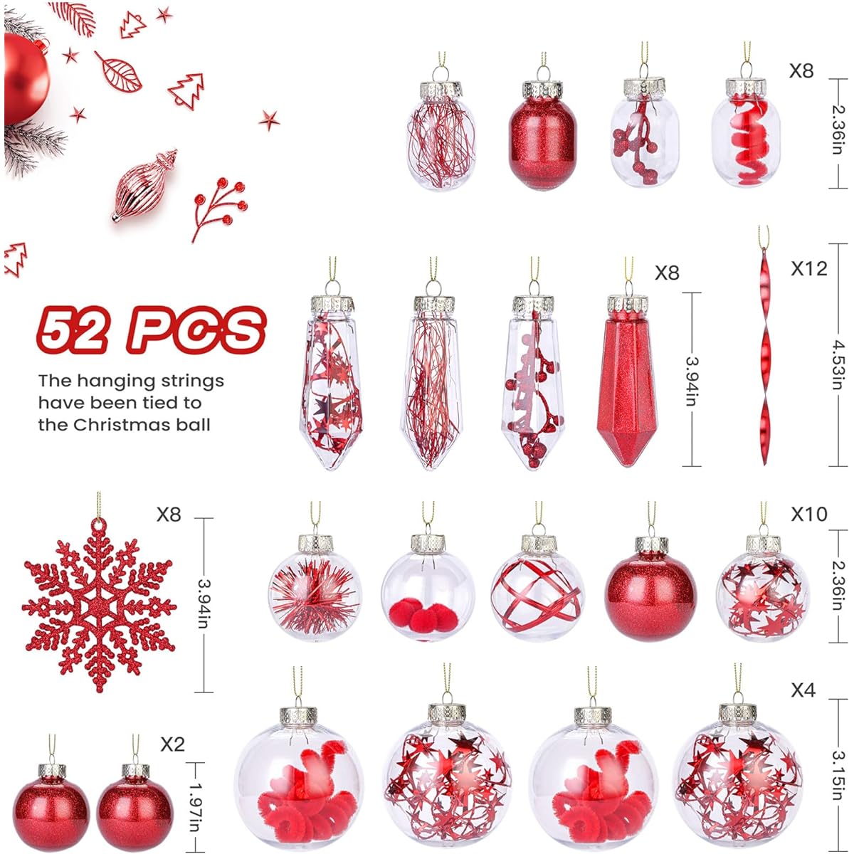 SHareconn 46 Pieces Christmas Ball Ornaments Set, Shatterproof Plastic Decorative Baubles for Christmas Tree Holiday Wedding Party Decoration with Hooks, Red & Gold