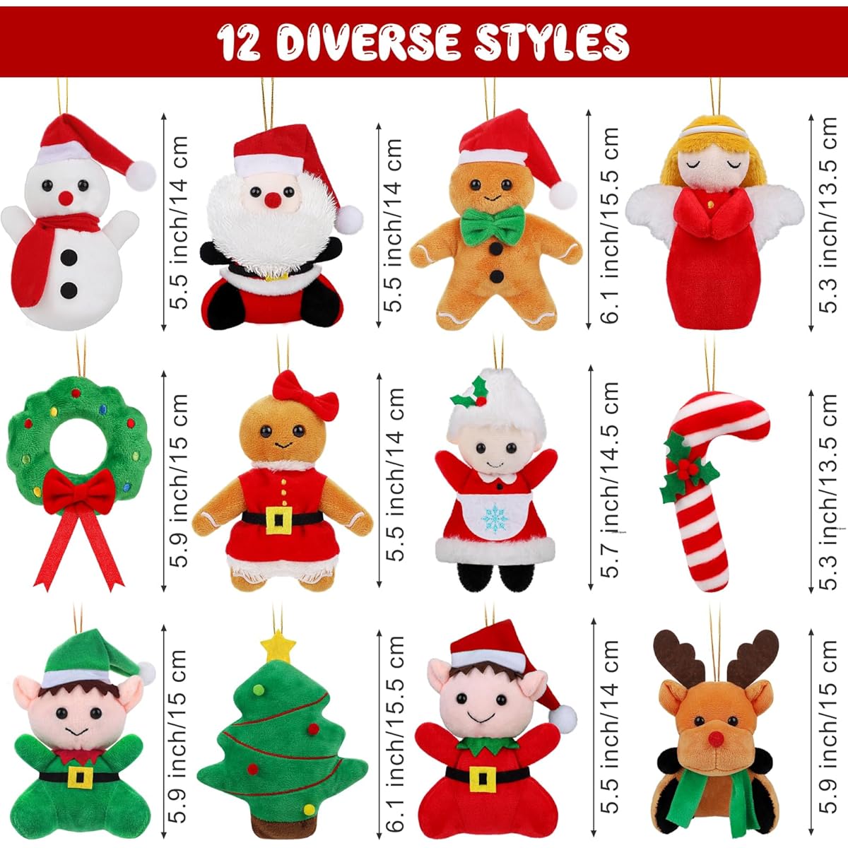 Fovths 12pcs Christmas Mini Plush Snowman Santa Elk Elf Christmas Tree Hanging Stuffed Animals 4.72inch Small Plush Toys Christmas Party Favors Gift Keychain
