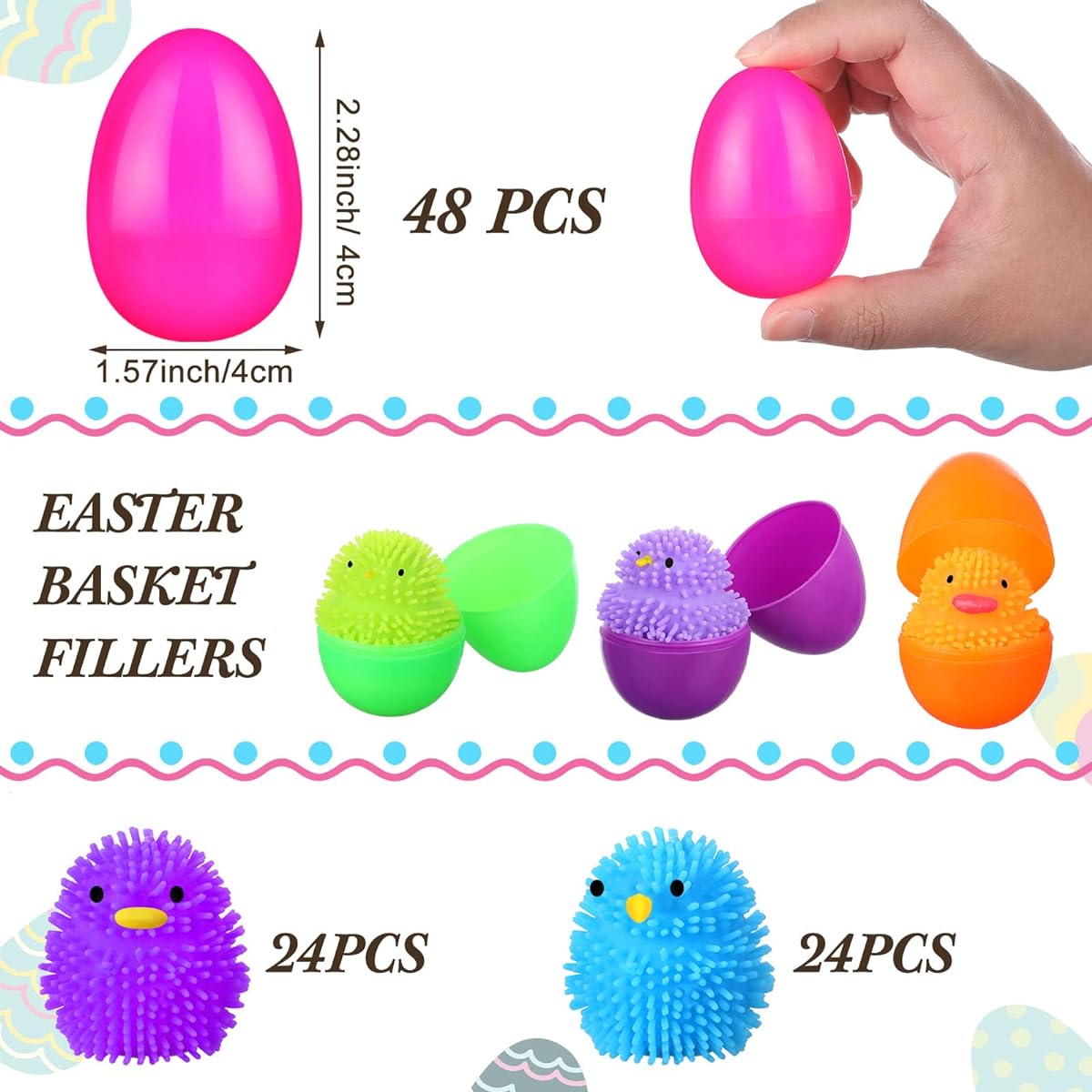 96 Pieces Easter Egg Filled Chick Duck LED Puffer Ball Easter Party Favors for Kids Light Up Stress Relief Fidget Toy Sensory Ball Easter Basket Stuffer Boys Girls Hunt Filler Favors Gift