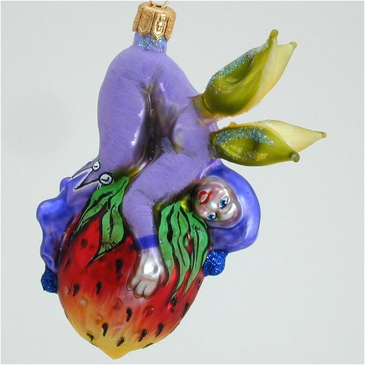 Violet Fairy on Strawberry - Polish Blown Glass Christmas Ornament