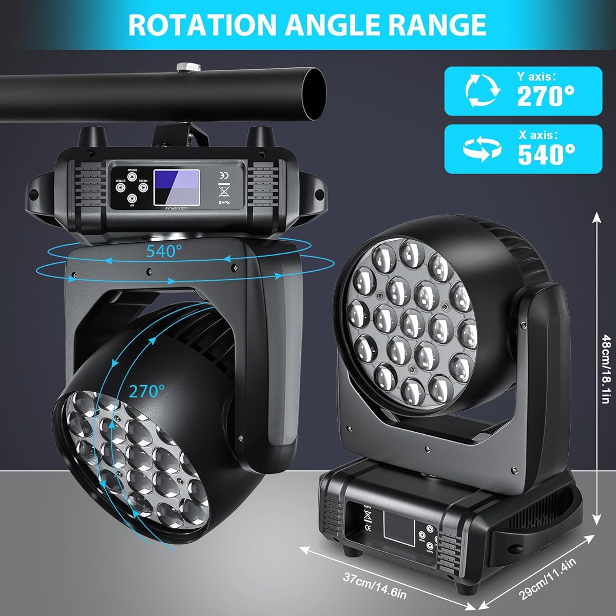 HOLDLAMP Moving Head Light 19x15W RGBW 4-in-1 LED Stage Par Light with Zoom&Beam&Wash Effects Sound Activated Automatic DMX Control for Wedding DJ Disco Party Nightclub Showbar (1 Pack)