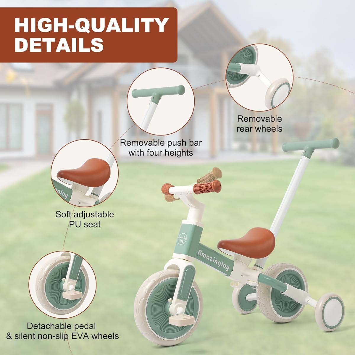 AmazingJoy Tricycle for Toddlers 1-3 Push Handle 6-in-1 Baby Balance Bike for 2 3 4 Year Old Girls Kids Push Bike Toy with Detachable Pedal Toddler Trike Birthday Gift (Green)