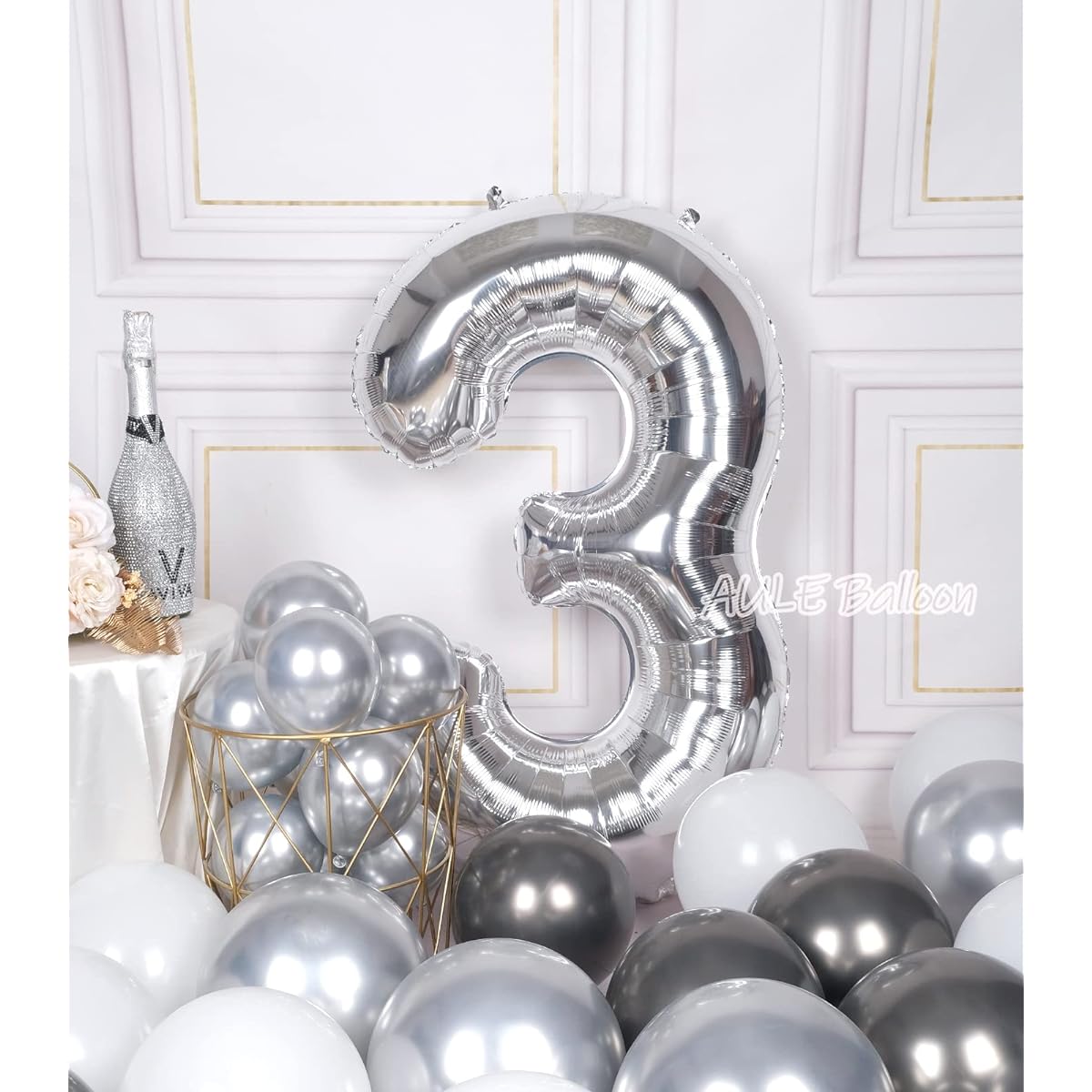 AULE 40" Jumbo Silver Foil Mylar 3 Number Balloons for Boys Girls 3rd Birthday Party Decorations 3 Years Old Anniversary Party Supplies