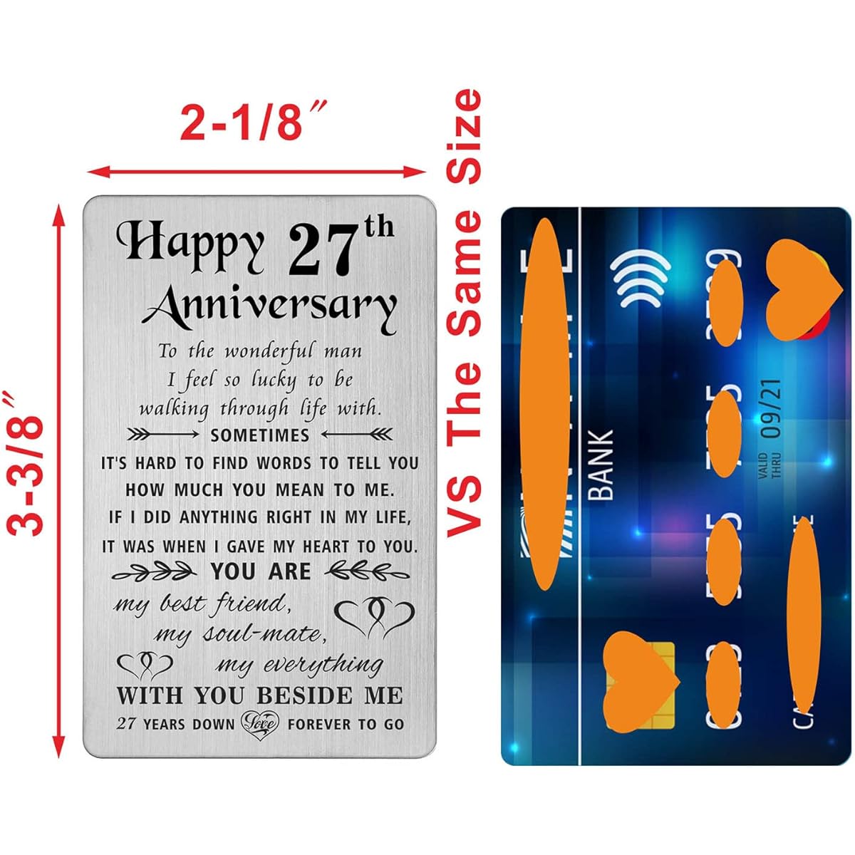 TANWIH 27th Anniversary Card Gift for Husband, Happy 27 Years Wedding Anniversary Card Men's Gift Engraved Metal Wallet Insert