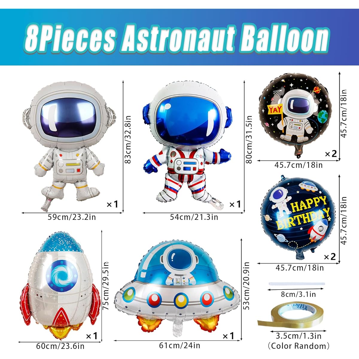 Astronaut Rocket Foil Balloons Large Alien Airship Mylar Outer Space Balloons Galaxy Earth Planet Space Theme Birthday Party Decorations Supplies - Pack of 8