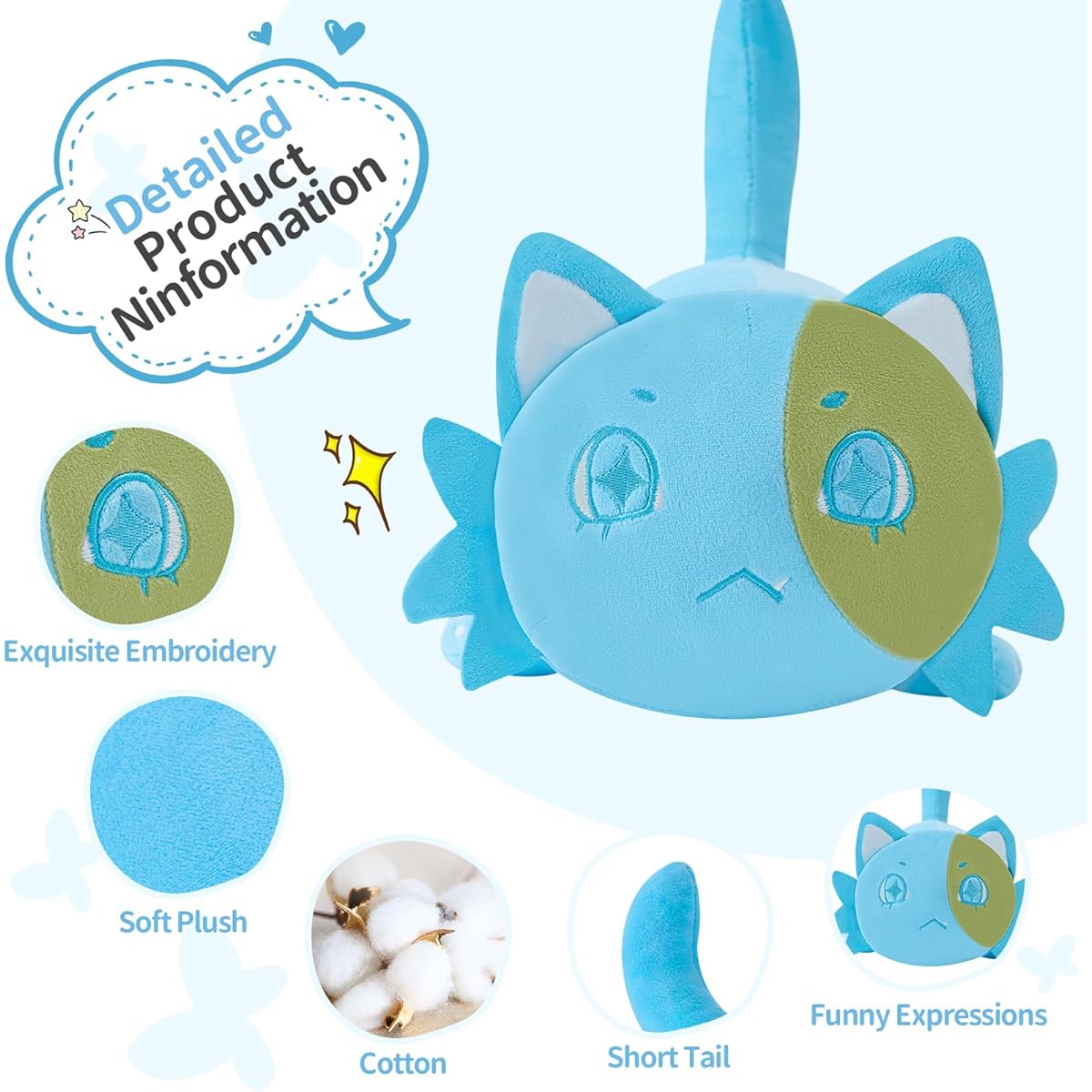 Cat Plush Toy, 11 Inch Me Meow Cat Stuffed Animal Birthday Cute Soft Cat Toy Stuffed Animal Party Gift for Kids Girlfriend Friends Blue Kids Pillow