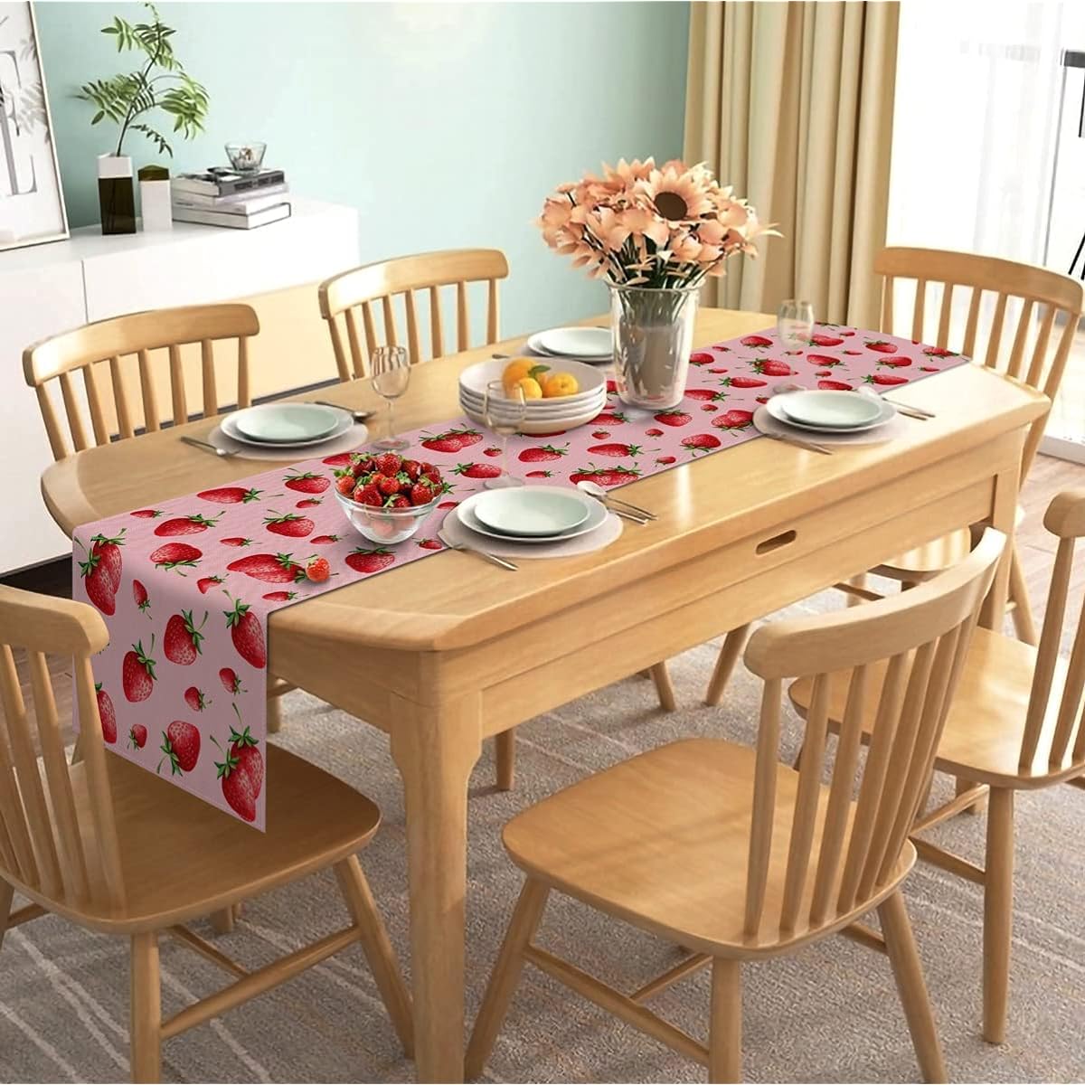 Linen Strawberry Table Runner Rustic Girl Birthday Party Baby Shower Home Dining Room Kitchen Table Decorations (13" x 108")