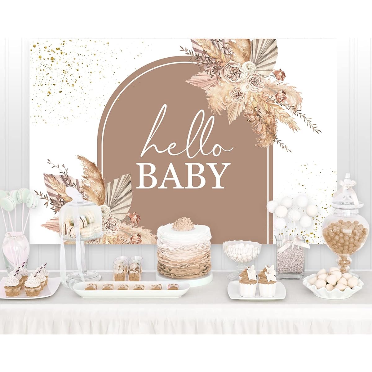 Boho Baby Shower Backdrop Gold Glitter Backdrop Hello Baby Party Supplies Decoration Pampas Grass Floral Cake Table Banner Photo Booth