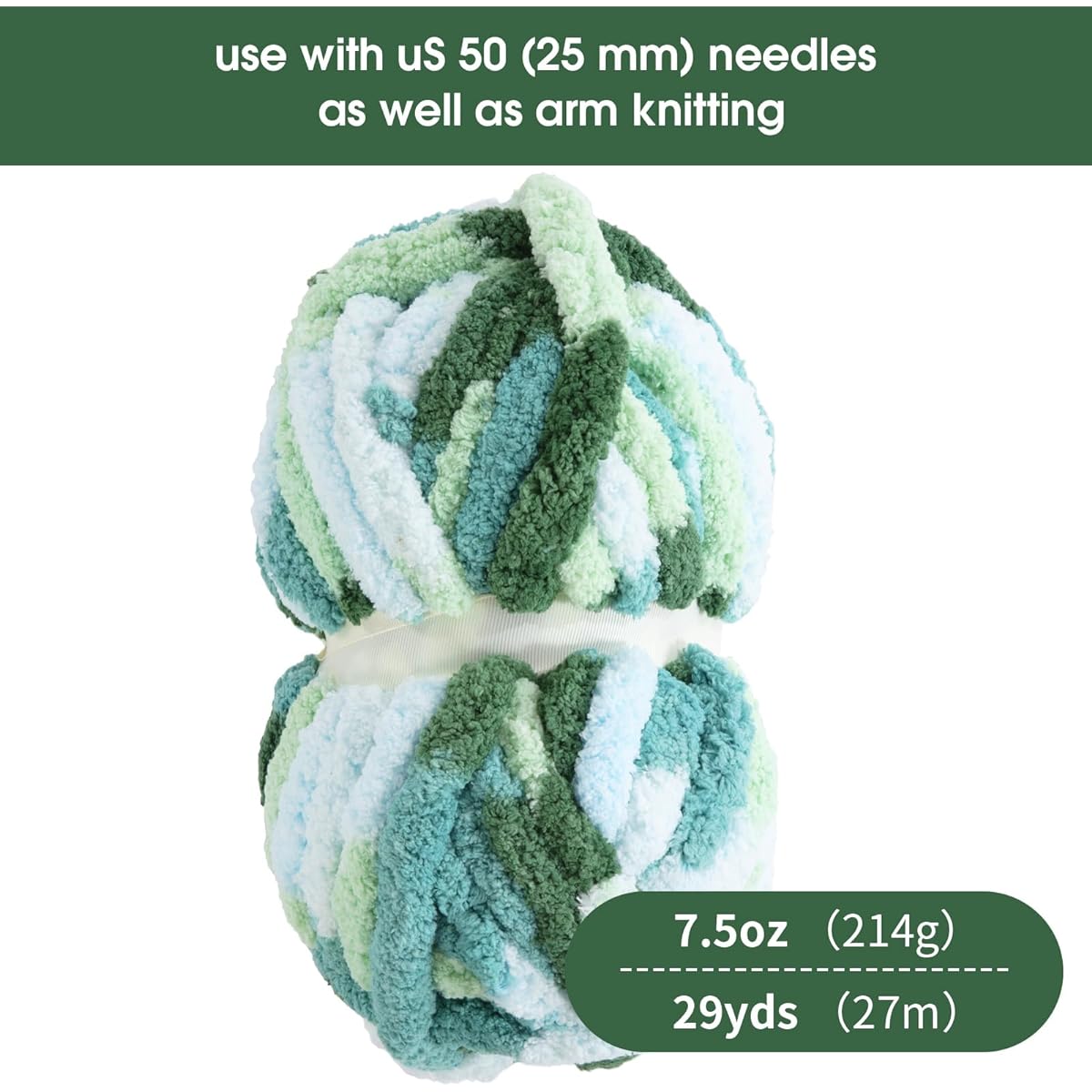 HOMBYS Mixed Color Chunky Chenille Yarn for Hand Knitting, Soft and Fluffy Chunky Blanket Yarn, Super Bulky Thick Jumbo Yarn for Crocheting, Big Yarn for Arm Knitting, White/Green, Pack of 8