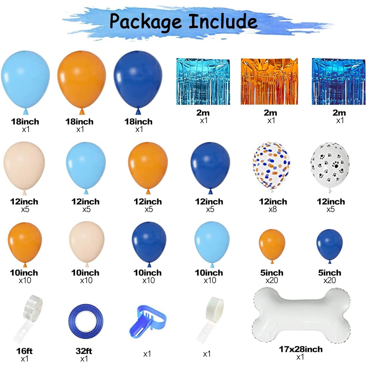 Whaline 124pcs Blue Birthday Party Balloon Garland Arch Kit Blue Orange Dog Paw Bone Foil Balloons Fringe Curtain Party Decoration Boy/Girl/Baby Shower Blue Theme Birthday Party Decorations