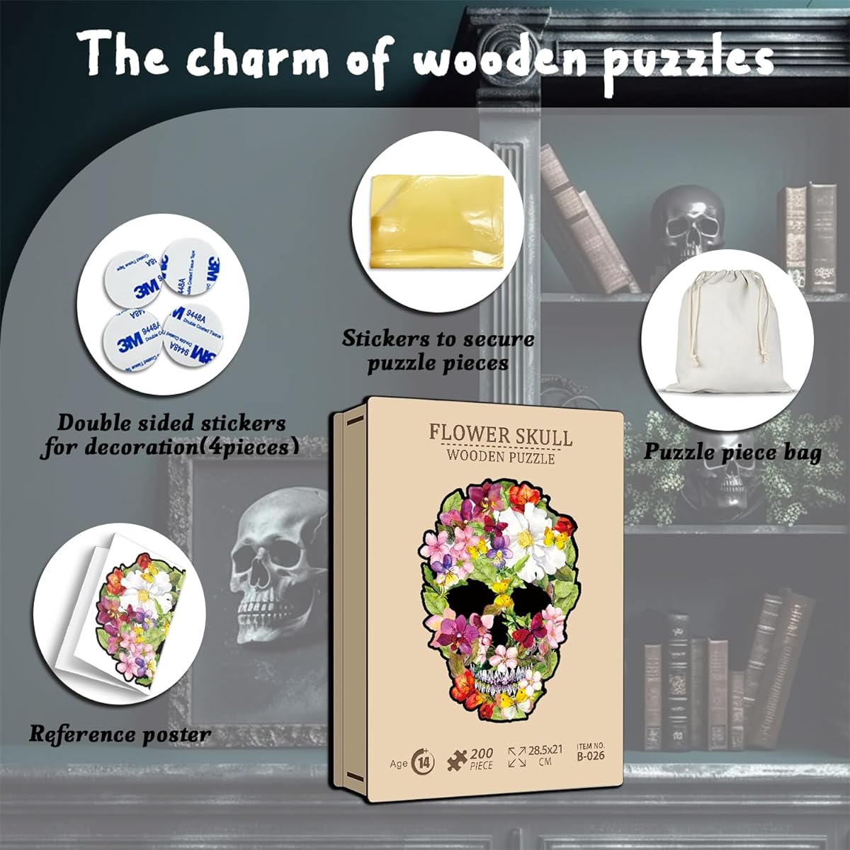PICKFORU Flower Skull Wooden Jigsaw Puzzle for Adults 200 Pieces Horror Halloween Puzzle Skull Decor Cool Wooden Puzzle Unique Shape
